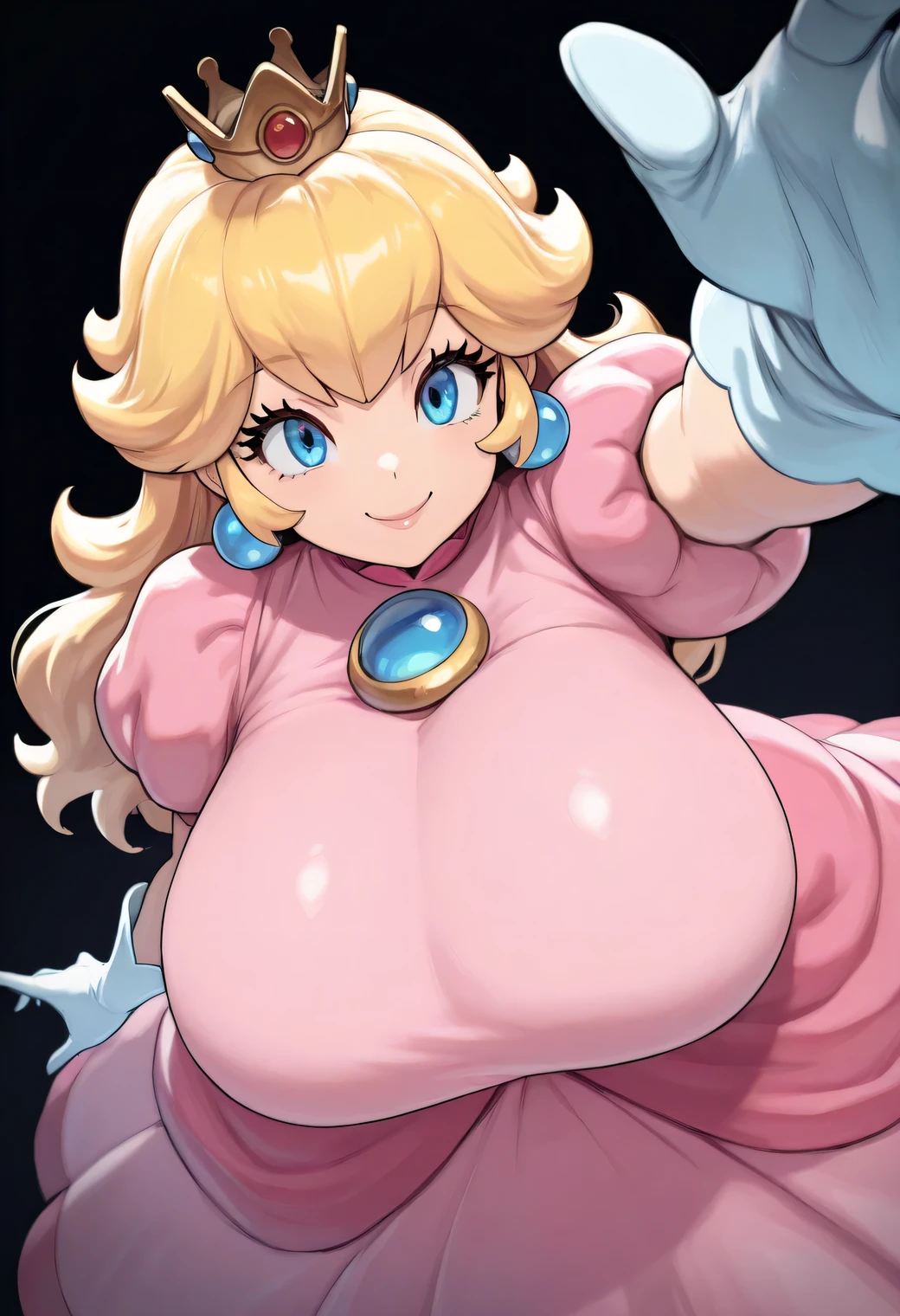 1girl, solo, dark background, smile, shortening, Dutch angle, 
masterpiece, Highest quality yofoi,   Blonde, long hair, Blue Eyes, crown, Sphere Earrings, pink dress, long dress, puff sleeve, Short sleeve, Blue Brooch,  long white gloves , , (( 1:1 . 5)) , 