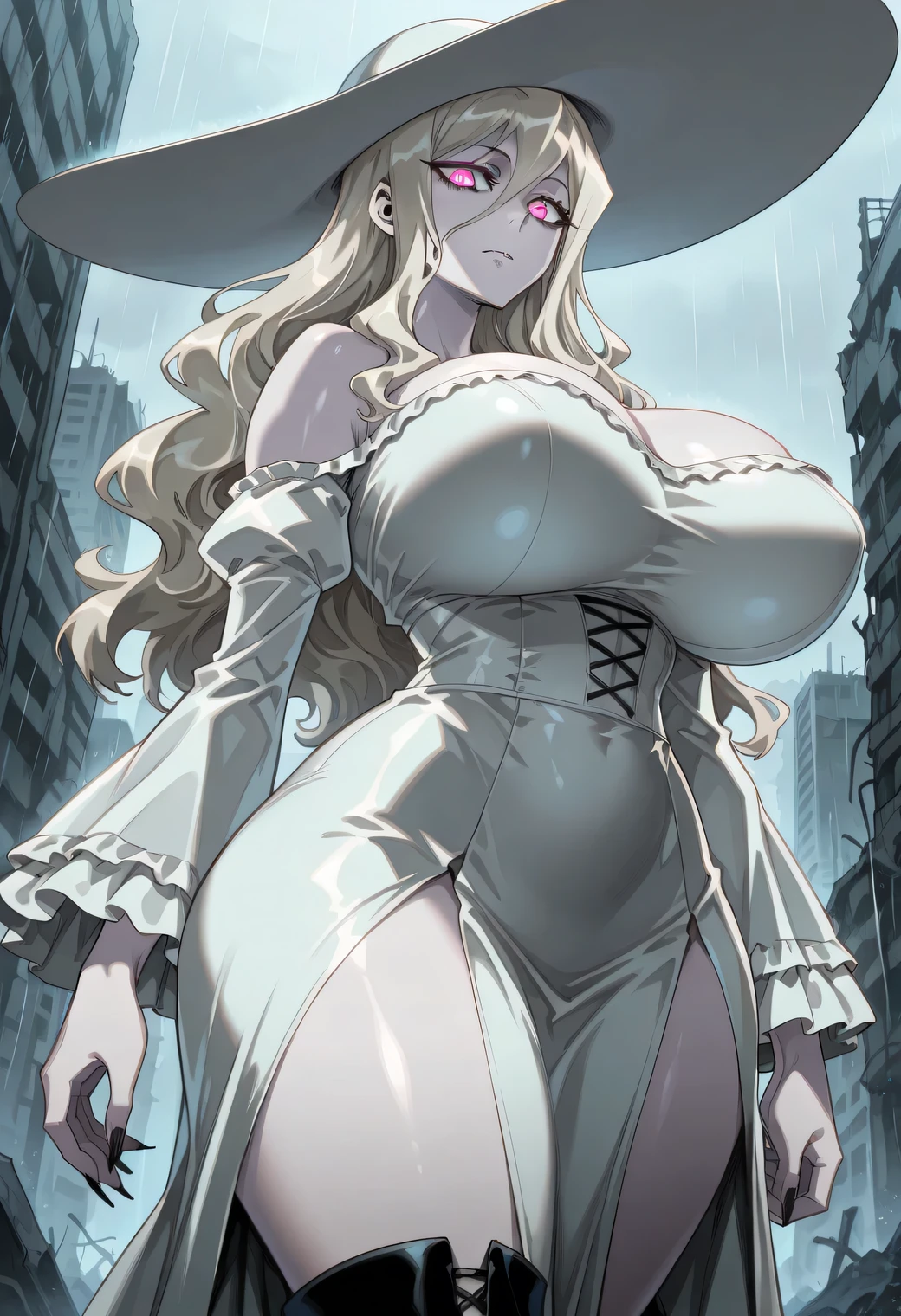 Masterpiece, source_anime, top-quality, perfect anatomically, correct anatomy, sharp focus, 4K, 8K, anime girl, 2.5D, highres, youthful, 1girl, solo, zombie, pale skin, colored skin:white, white skin, beautiful face girl, face detailed, correct details, perfect details, platinum blonde hair, long hair, wavy hair, bangs, magenta eyes, eyelashes, eyes detailed, emotionless face, black fingernails, sharp fingernails, close mouth, sexy body figure, highres, tall:1.3, huge breasts:1.5, thick breasts, thick hips, thick thighs, white dress, white hat, big hat, trimmed dress, torned dress, thigh boots, detached sleeves, layered dress, outdoor, abandoned city, apocalypse atmosphere, gloomy atmosphere, dark atmosphere, raining, rain atmosphere, safe for work, side view, upper body, cowboy shot, standing, looking at viewer, Zunta Style
