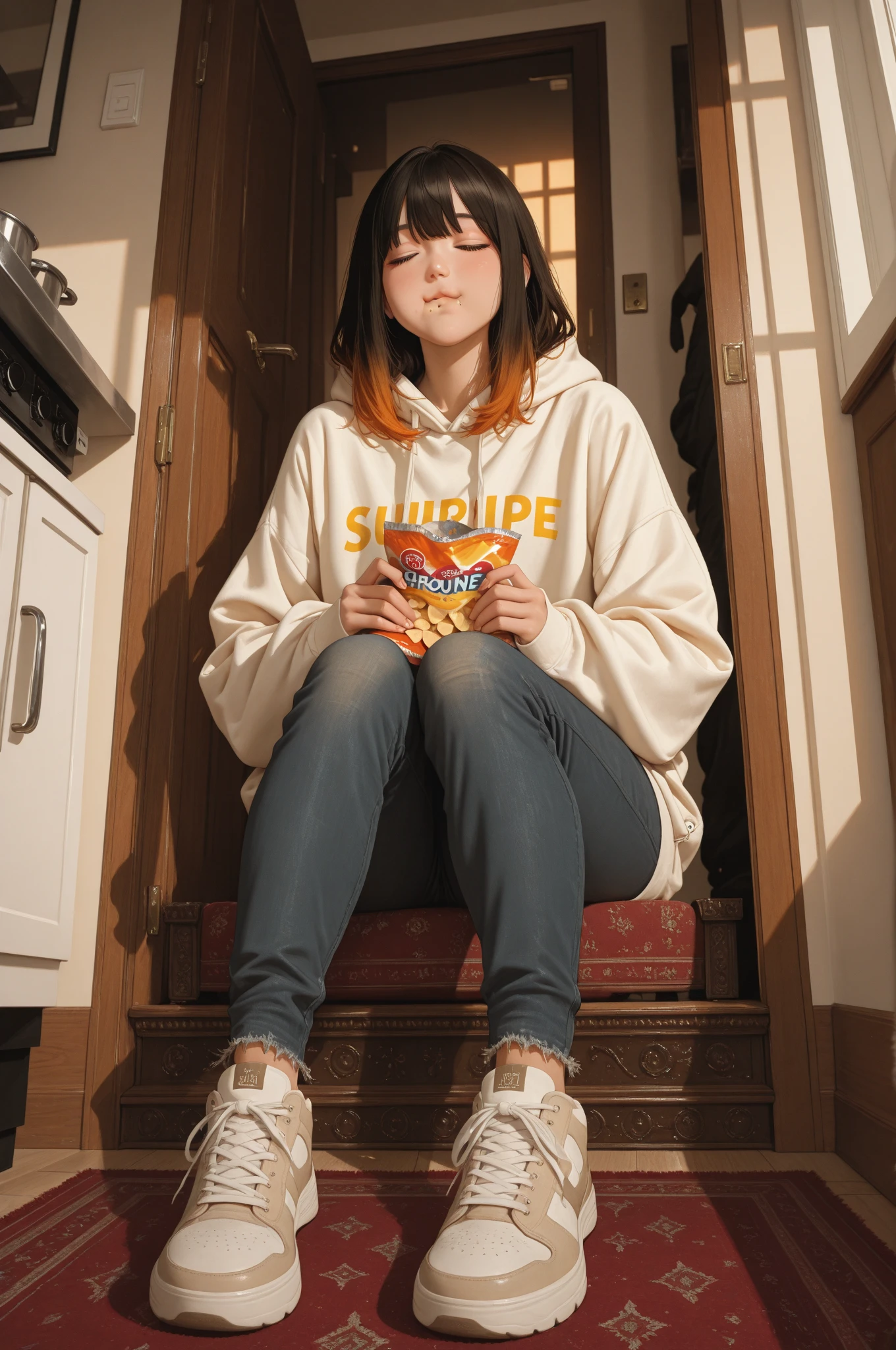 Cute tan Chinese girl wearing glasses, tight jeans,