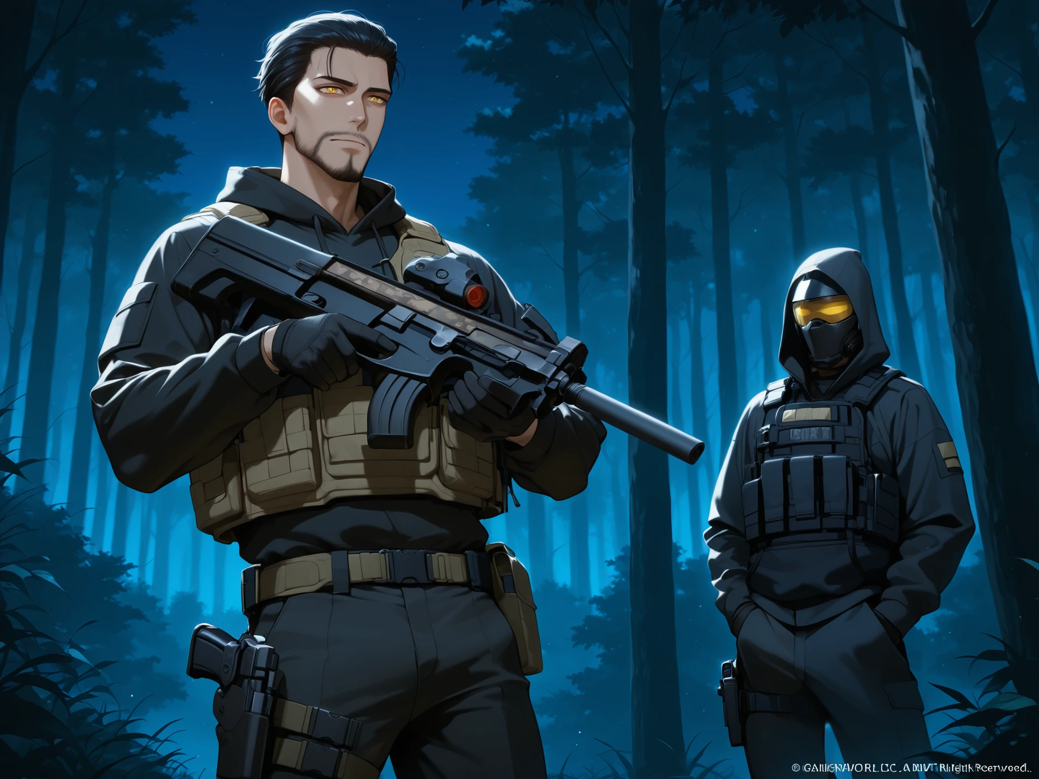 A Latino with yellow eyes and musculature hiding behind a tree while masked men search for him. He has olive skin, facial hair, and black hair in a slicked-back style. The man holds a P90 advanced automatic weapon, and he is wearing a black hoodie jacket, a black tactical vest with a thigh pistol holster attached, and olive green drab pants to add to his military appearance. The background reveals a dense forest, set against a night sky, P90,