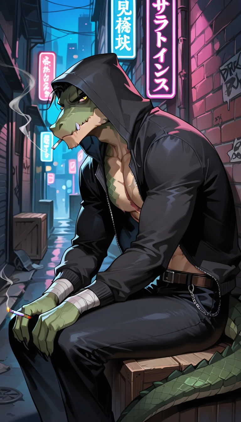 masterpiece, best quality, amazing quality, very aesthetic, absurdres, newest, scenery, extreme detail, 8k, detailed eyes, yellow eyes, by Riolutiny, anthro, reptile, female, scalie, lizard, solo, detailed scales, yellow eyes, color scheme that includes shades of black and gray, powerful tail, wearing black hoodie, military pants, wearing black gloves, spiky head, strong, muscular, curvaceous, well-defined musculature, thick scales on arms and legs, muscular legs, proporcional body, wide , trapezoid body type, tribal marks on the body, abs, marked jaw, scars on body and arms, fantasy city background, looking at viewer, front view,