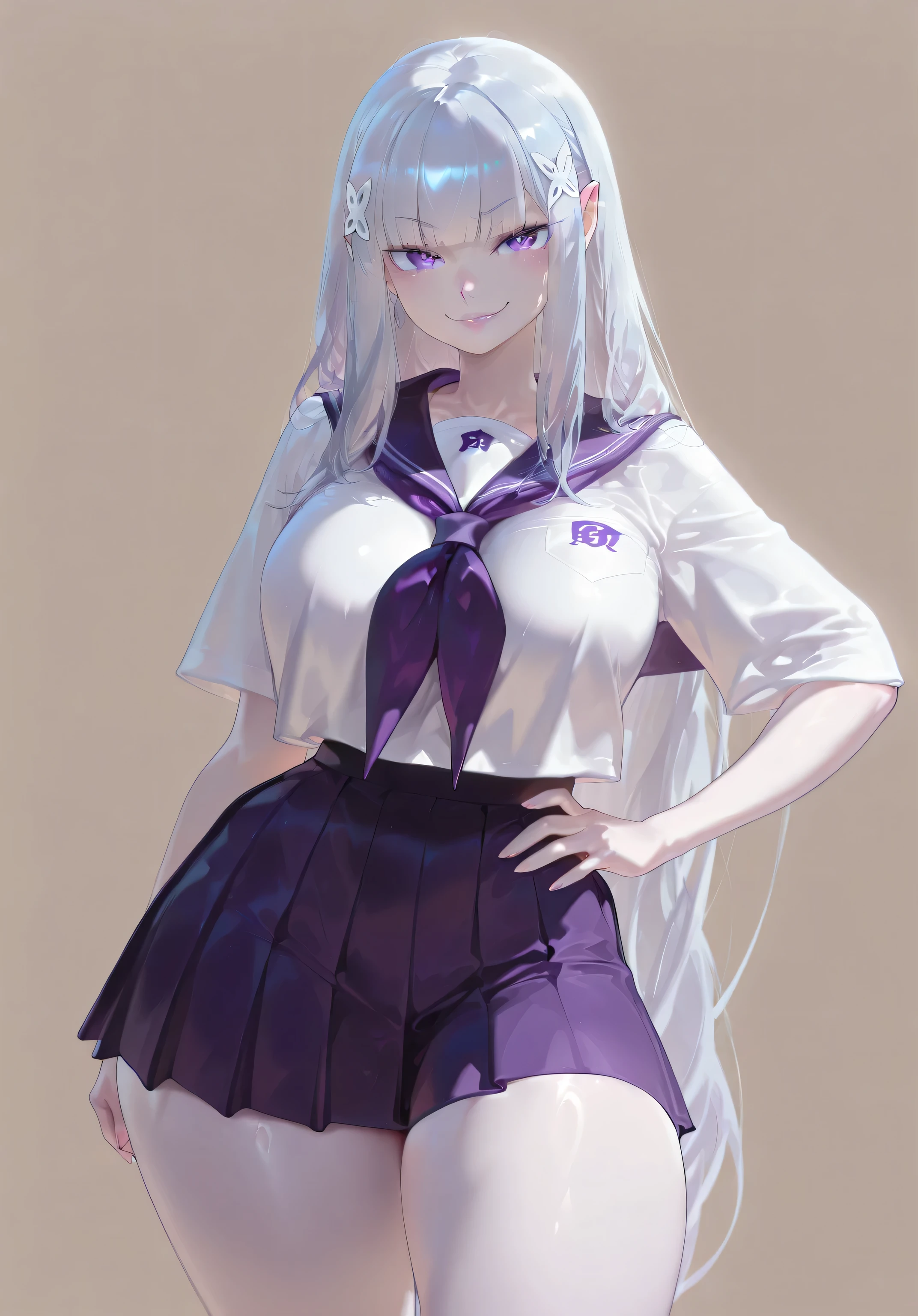 safe_pos, 1girl, Balecxi_Style, Emilia \(Re Zero)\, solo female, no background, day time, standing, big breasts, silver hair, long hair, purple eyes, curvy, thick thighs, long legs, school uniform, mini skirt, bare legs, elf, elf ears, white skin, pointy ears, eyes showing through hair, smug smile, coy expression, lips, one hand on the hip, detailed eyes, looking to the viewer, viewer in front, (masterpiece, best quality, absurdres, highres, very aesthetic, sensitive, high-quality eyes, focus on eyes)