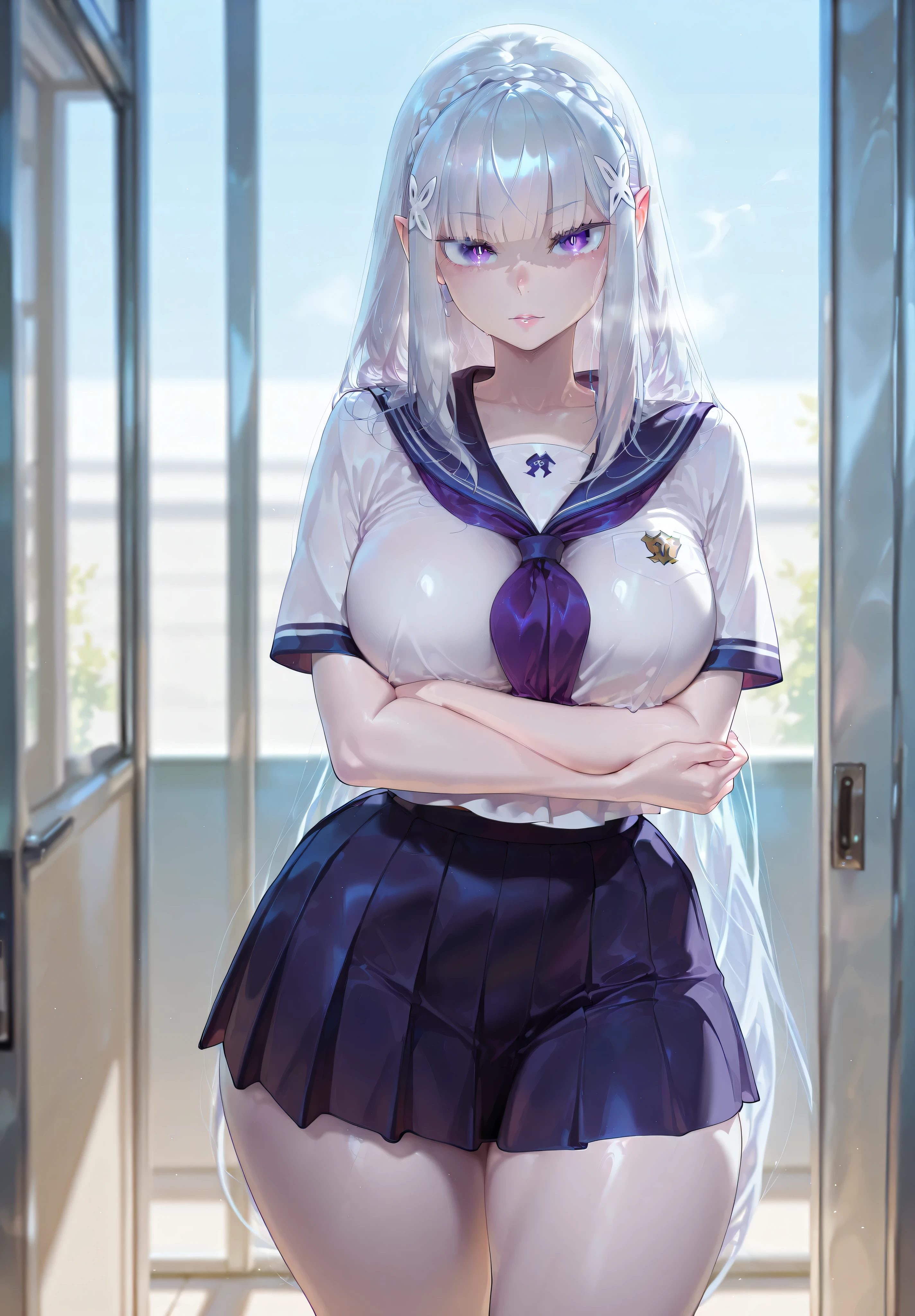 safe_pos, 1girl, Balecxi_Style, Emilia \(Re Zero)\, solo female, no background, day time, standing, big breasts, silver hair, long hair, purple eyes, curvy, thick thighs, long legs, school uniform, mini skirt, bare legs, elf, elf ears, white skin, pointy ears, eyes showing through hair, mad expression, cold stare, arm crossed, lips, detailed eyes, looking to the viewer, viewer in front, (masterpiece, best quality, absurdres, highres, very aesthetic, sensitive, high-quality eyes, focus on eyes)