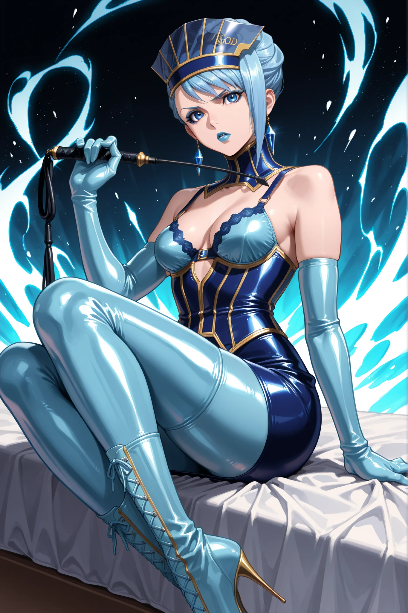 (((sitting cross-legged)))、holding a riding whip in hand:1.3、holding riding crop:1.4、Queen、((( 1 woman)))、(((solo:1.8)))、((( blue latex elbow gloves :1.4)))、((( blue latex corset dress :1.4)))、(((The corset dress is decorated with beautiful lace)))、(((corset dress with shoulder straps)))、((( blue latex tight miniskirt holding a riding whip in the right hand:1.4)))、(((Blue Thigh-High Boots:1.4)))、(((Blue Rubber Tights:1.2)))、(((stiletto heel boots:1.4)))、(((stiletto boots:1.4)))、(((The blue latex high leg panty)))、(((blue latex bra )))、(((bold pose:1.4 )))、Wide legs:1.2、(((erotic)))、(((cowboy shot)))、クローズup、beautiful eyes with highlights、Fine Beautiful Skin、} 2 perfect legs based on anatomy、wearing cute mythological costumes、(perfect 4 fingers and 1 thumb)、greatest masterpiece、Masterpiece、absurdres、high image quality、Hi-Res 8k、detailed face、detailed eyes、Detailed Hairstyles、score_9, score_8_up, score_7_up, score_6_up, score_5_up, score_4_up, source_anime, Rating_Safety, BREAK Blue Rose (Tiger & ), Carina Lyle, 1girl, ((blue hair, short hair)), Blue Eyes,blue eyeshadow、 makeup, Blue lipstick, long lashes、medium breasted, superhero, has, Crystal Earrings, gem,  White Thorns, serious, viewers, facing viewers covered by explosions, fight, Magical, Aura,  energy  ,Indoor、detailed background、BDSM dungeon、training room、discipline room、torture room、Room for torturing enemies、bed、Dutch Angle、Dynamic Angle、Staring at the audience、Make eye contact with the audience、No expression、Ruthless Expression 、Cold Stare