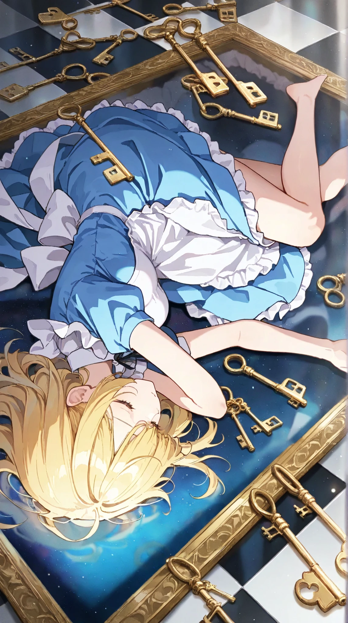 1girl, Alice in Wonderland, blonde hair, closed eyes, sleeping, Sleeping on a marble floor, Reflect your own appearance on an endless series of matching mirrors, 1girl, Alice in Wonderland, blonde hair, closed eyes, sleeping,key, your own appearance on an endless series of matching keys,
best quality, masterpiece,
best quality, masterpiece,