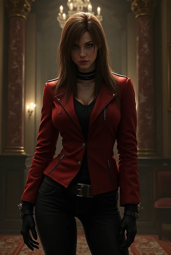 ((best quality)), ((master part)), (circunstanciado), rosto perfeito,  wine-colored pants, red pants, jaqueta de couro, lo gothic, villain pose ,there is a woman in a red leather suit, HD, terno vermelho, v do diabo pode chorar como um elfo, vinho tinto, Tema carmesim, Trend in CGTacing:, Resident Evil Inspirado, Capturado na Canon EOS R 6, wearing a black and terno vermelho, terno vermelho e preto, red and cinematic lighting, black and terno vermelho, Catra