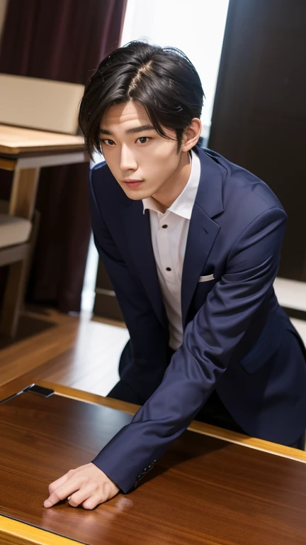 best qualiy、Full body portrait、delicate faces、Masculine face、25-year-old male、Slim suit、Office Clothes、Stylish tie、Outdoor Scene、sitting position、Japan countryside、Many hydrangeas are blooming