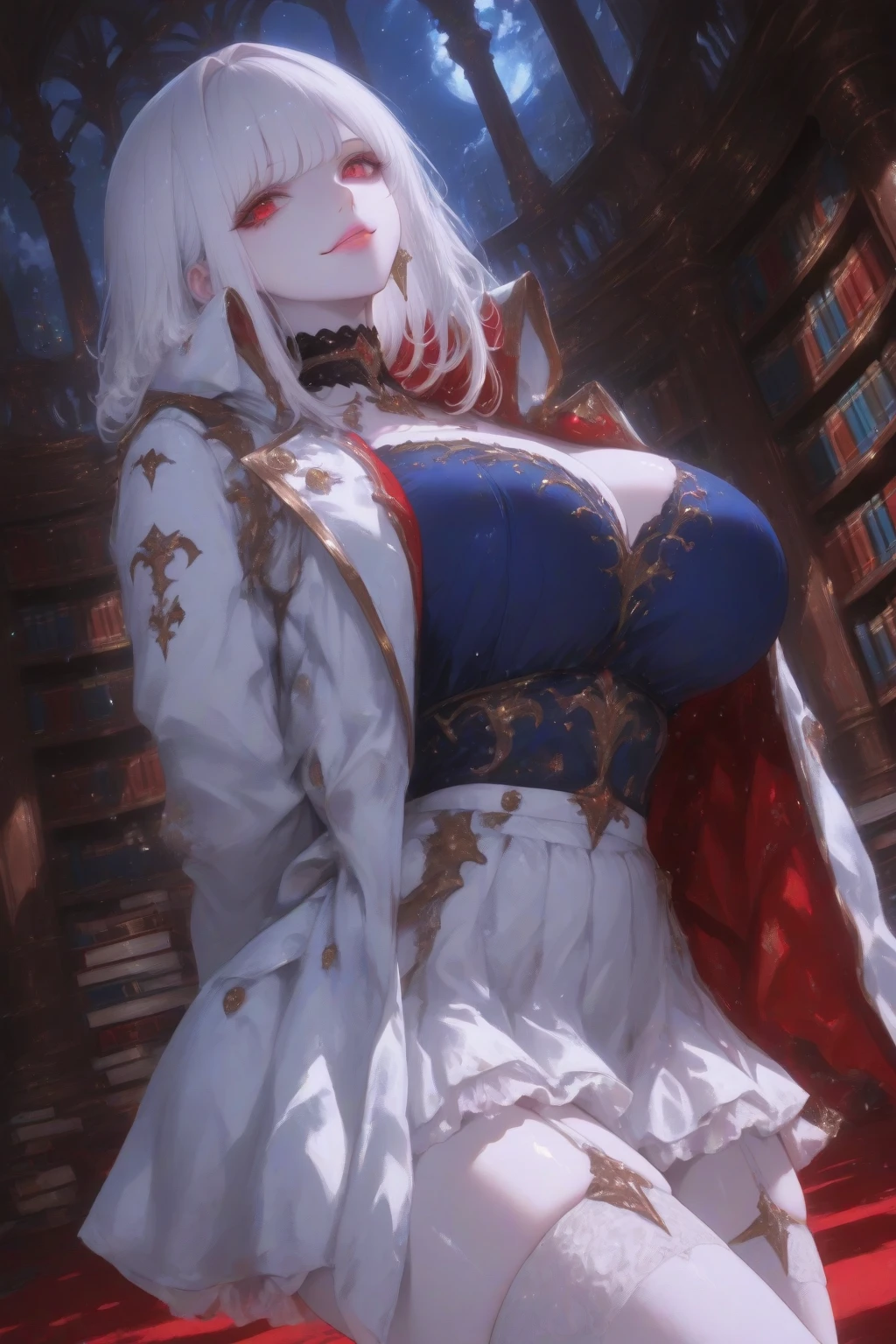 female, solo, sfw, medium shot, white hair, red eyes, mansion, gold, luxury, very ?????????????, curvy, short hair, bob cut hair, library, blush, reading, short