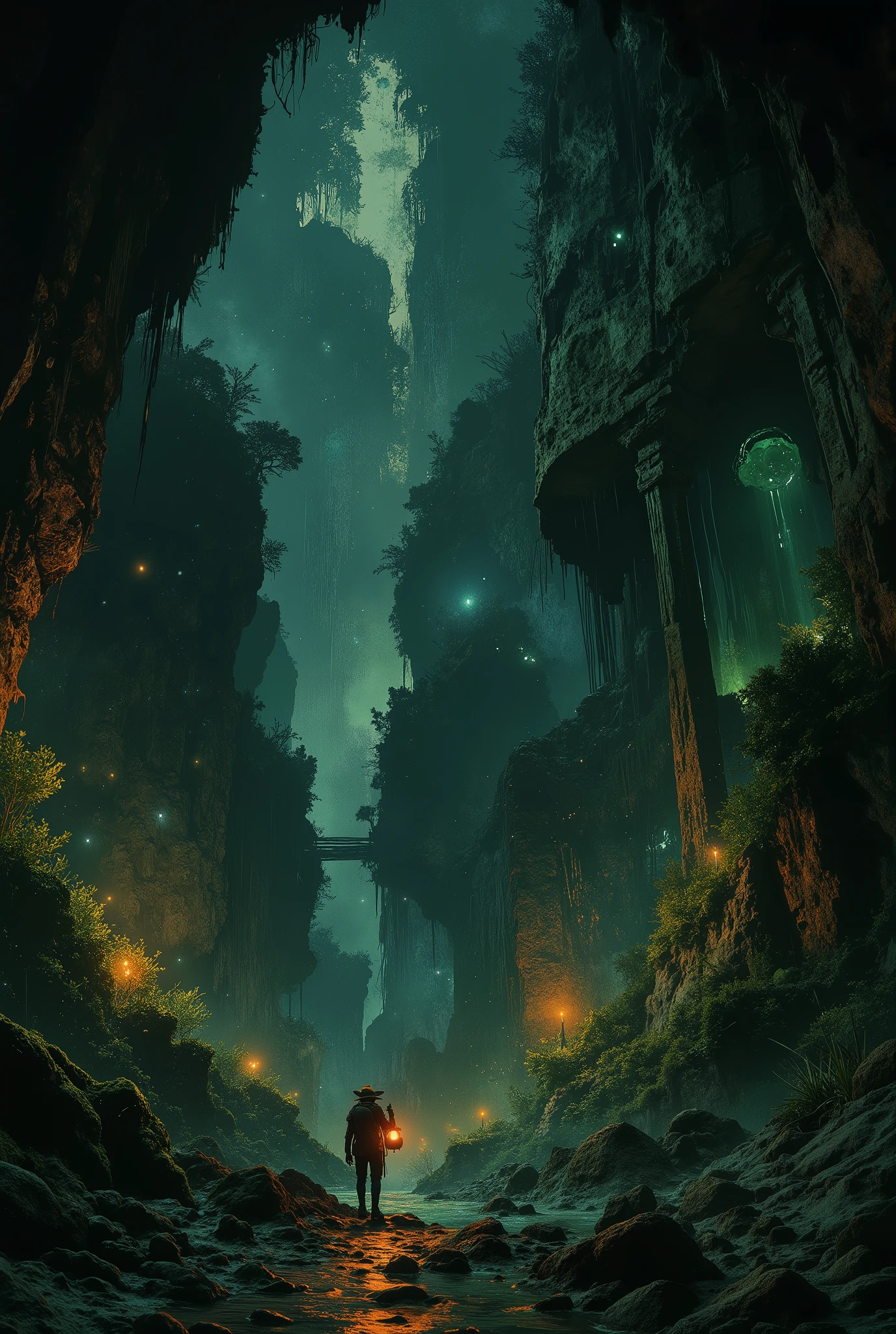underground exploration, vast cave, glowing crystals, ancient ruins, explorer with lantern, small human figure, giant cavern, stalactites, underground river, luminous fog, mysterious light shafts, bioluminescent plants, mossy rocks, reflections on water, atmospheric perspective, cinematic composition, grand scale, adventure mood, ultra detailed, volumetric light, masterpiece,