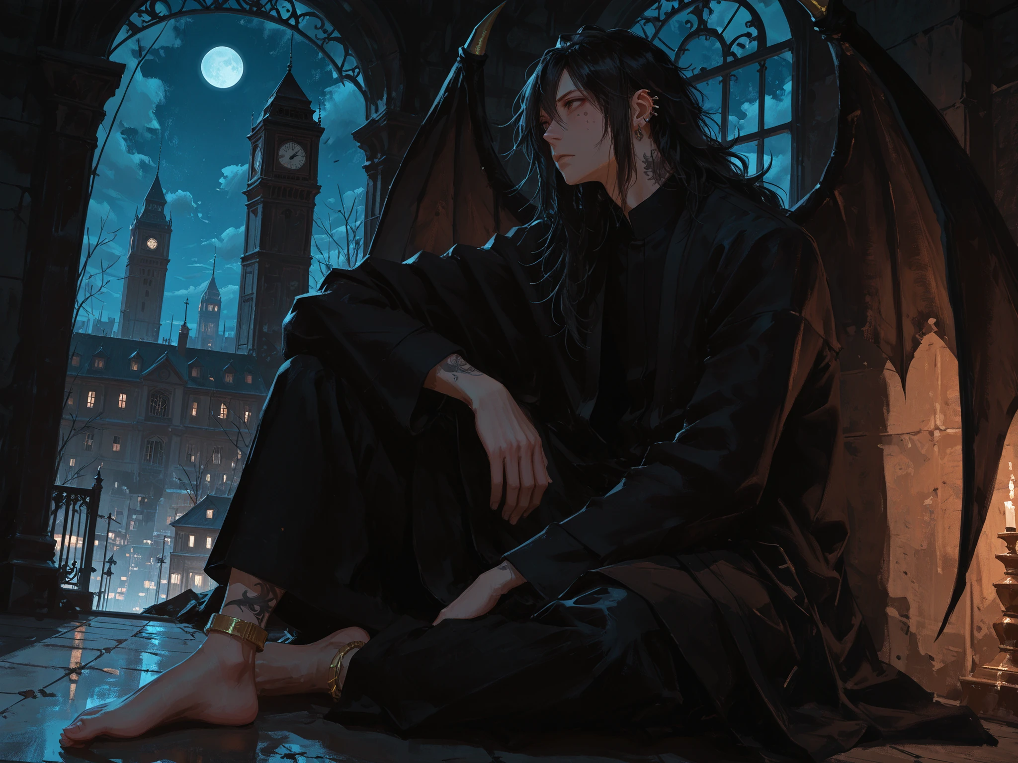 upper shot, dutch angle, looking away, makes an aesthetic, Master piece, Best Quality, ultra detailed, a handsome man, (man:1.6), solo, male long Hair, black hair, male messy hair, mouth slightly open, toned, black cassock, piercing in one ear, black pants, big devil wings, Sitting with one knee raised, barefoot, gold Anklet, small Tattooed on the cheek, no cross, clocktower in background, night, moonlit