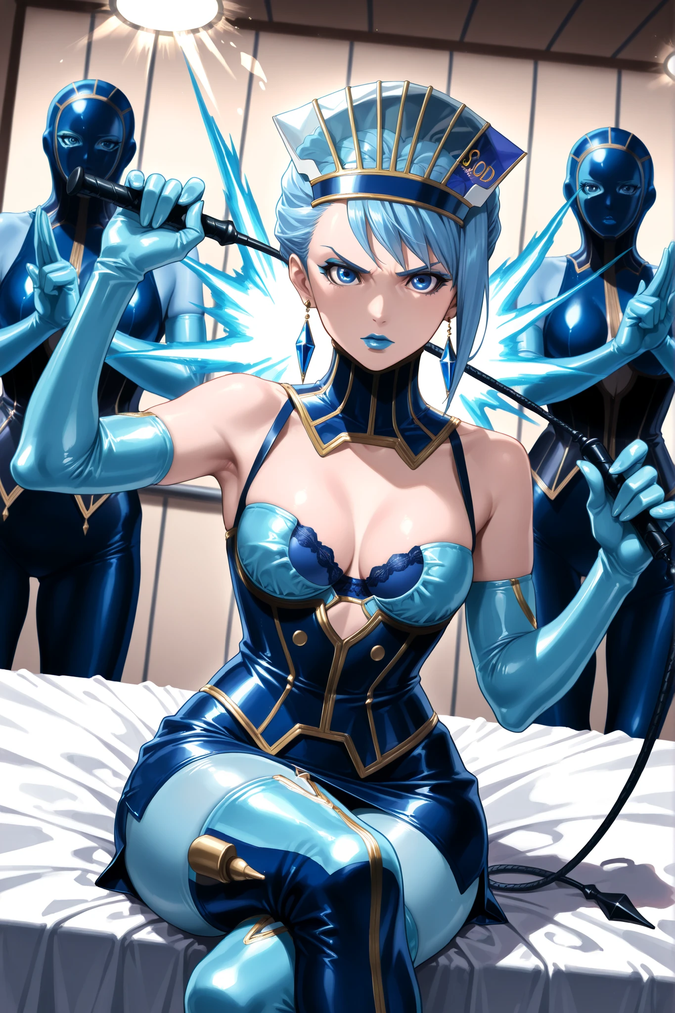 (((sitting cross-legged)))、holding a riding whip in hand:1.3、holding riding crop:1.4、Queen、((( 1 woman)))、(((solo:1.8)))、((( blue latex elbow gloves :1.4)))、((( blue latex corset dress :1.4)))、(((The corset dress is decorated with beautiful lace)))、(((corset dress with shoulder straps)))、((( blue latex tight miniskirt holding a riding whip in the right hand:1.4)))、(((Blue Thigh-High Boots:1.4)))、(((Blue Rubber Tights:1.2)))、(((stiletto heel boots:1.4)))、(((stiletto boots:1.4)))、(((The blue latex high leg panty)))、(((blue latex bra )))、(((bold pose:1.4 )))、Wide legs:1.2、(((erotic)))、(((cowboy shot)))、クローズup、beautiful eyes with highlights、Fine Beautiful Skin、} 2 perfect legs based on anatomy、wearing cute mythological costumes、(perfect 4 fingers and 1 thumb)、greatest masterpiece、Masterpiece、absurdres、high image quality、Hi-Res 8k、detailed face、detailed eyes、Detailed Hairstyles、score_9, score_8_up, score_7_up, score_6_up, score_5_up, score_4_up, source_anime, Rating_Safety, BREAK Blue Rose (Tiger & ), Carina Lyle, 1girl, ((blue hair, short hair)), Blue Eyes,blue eyeshadow、 makeup, Blue lipstick, long lashes、medium breasted, superhero, has, Crystal Earrings, gem, White Thorns, serious, viewers, facing viewers covered by explosions, fight, Magical, Aura, energy ,(Indoor、detailed background、BDSM dungeon、training room、discipline room、torture room、Room for torturing enemies、bed、Show me the sole of a black and red indoor)、Dutch Angle、Dynamic Angle、Staring at the audience、Make eye contact with the audience、No expression、Ruthless Expression 、Cold Stare