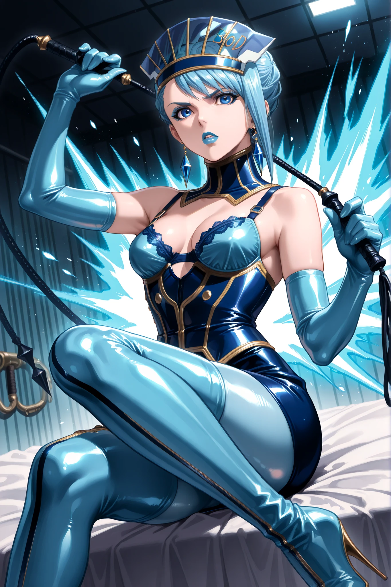 (((sitting cross-legged)))、holding a riding whip in hand:1.3、holding riding crop:1.4、Queen、((( 1 woman)))、(((solo:1.8)))、((( blue latex elbow gloves :1.4)))、((( blue latex corset dress :1.4)))、(((The corset dress is decorated with beautiful lace)))、(((corset dress with shoulder straps)))、((( blue latex tight miniskirt holding a riding whip in the right hand:1.4)))、(((Blue Thigh-High Boots:1.4)))、(((Blue Rubber Tights:1.2)))、(((stiletto heel boots:1.4)))、(((stiletto boots:1.4)))、(((The blue latex high leg panty)))、(((blue latex bra )))、(((bold pose:1.4 )))、Wide legs:1.2、(((erotic)))、(((cowboy shot)))、クローズup、beautiful eyes with highlights、Fine Beautiful Skin、} 2 perfect legs based on anatomy、wearing cute mythological costumes、(perfect 4 fingers and 1 thumb)、greatest masterpiece、Masterpiece、absurdres、high image quality、Hi-Res 8k、detailed face、detailed eyes、Detailed Hairstyles、score_9, score_8_up, score_7_up, score_6_up, score_5_up, score_4_up, source_anime, Rating_Safety, BREAK Blue Rose (Tiger & ), Carina Lyle, 1girl, ((blue hair, short hair)), Blue Eyes,blue eyeshadow、 makeup, Blue lipstick, long lashes、medium breasted, superhero, has, Crystal Earrings, gem,  White Thorns, serious, viewers, facing viewers covered by explosions, fight, Magical, Aura,  energy  ,(Indoor、detailed background、BDSM dungeon、training room、discipline room、torture room、Room for torturing enemies、bed、Show me the sole of a black and red indoor)、Dutch Angle、Dynamic Angle、Staring at the audience、Make eye contact with the audience、No expression、Ruthless Expression 、Cold Stare