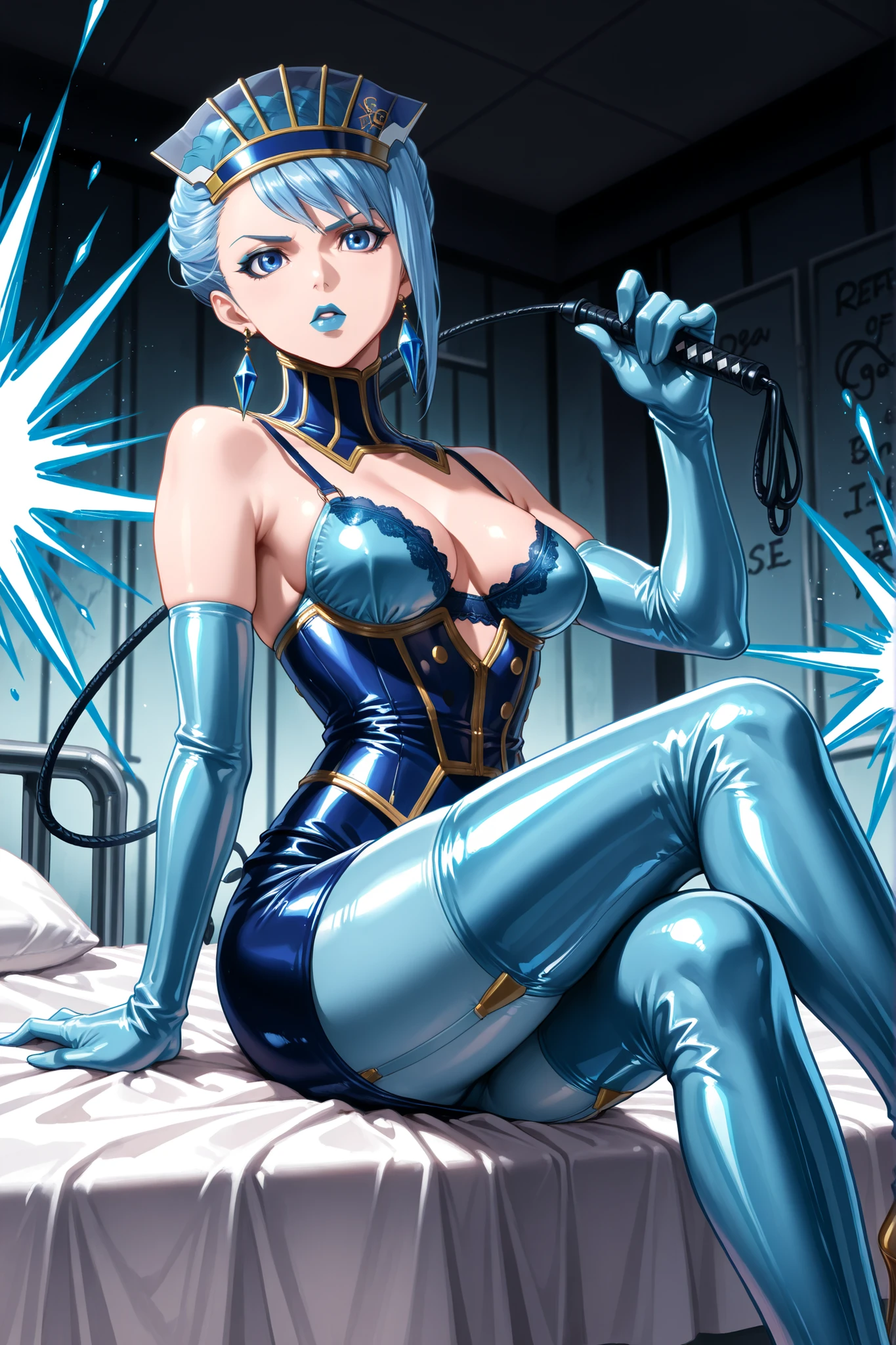 (((sitting cross-legged)))、holding a riding whip in hand:1.3、holding riding crop:1.4、Queen、((( 1 woman)))、(((solo:1.8)))、((( blue latex elbow gloves :1.4)))、((( blue latex corset dress :1.4)))、(((The corset dress is decorated with beautiful lace)))、(((corset dress with shoulder straps)))、((( blue latex tight miniskirt holding a riding whip in the right hand:1.4)))、(((Blue Thigh-High Boots:1.4)))、(((Blue Rubber Tights:1.2)))、(((stiletto heel boots:1.4)))、(((stiletto boots:1.4)))、(((The blue latex high leg panty)))、(((blue latex bra )))、(((bold pose:1.4 )))、Wide legs:1.2、(((erotic)))、(((cowboy shot)))、クローズup、beautiful eyes with highlights、Fine Beautiful Skin、} 2 perfect legs based on anatomy、wearing cute mythological costumes、(perfect 4 fingers and 1 thumb)、greatest masterpiece、Masterpiece、absurdres、high image quality、Hi-Res 8k、detailed face、detailed eyes、Detailed Hairstyles、score_9, score_8_up, score_7_up, score_6_up, score_5_up, score_4_up, source_anime, Rating_Safety, BREAK Blue Rose (Tiger & ), Carina Lyle, 1girl, ((blue hair, short hair)), Blue Eyes,blue eyeshadow、 makeup, Blue lipstick, long lashes、medium breasted, superhero, has, Crystal Earrings, gem,  White Thorns, serious, viewers, facing viewers covered by explosions, fight, Magical, Aura,  energy  ,(Indoor、detailed background、BDSM dungeon、training room、discipline room、torture room、Room for torturing enemies、bed、Show me the sole of a black and red indoor)、Dutch Angle、Dynamic Angle、Staring at the audience、Make eye contact with the audience、No expression、Ruthless Expression 、Cold Stare