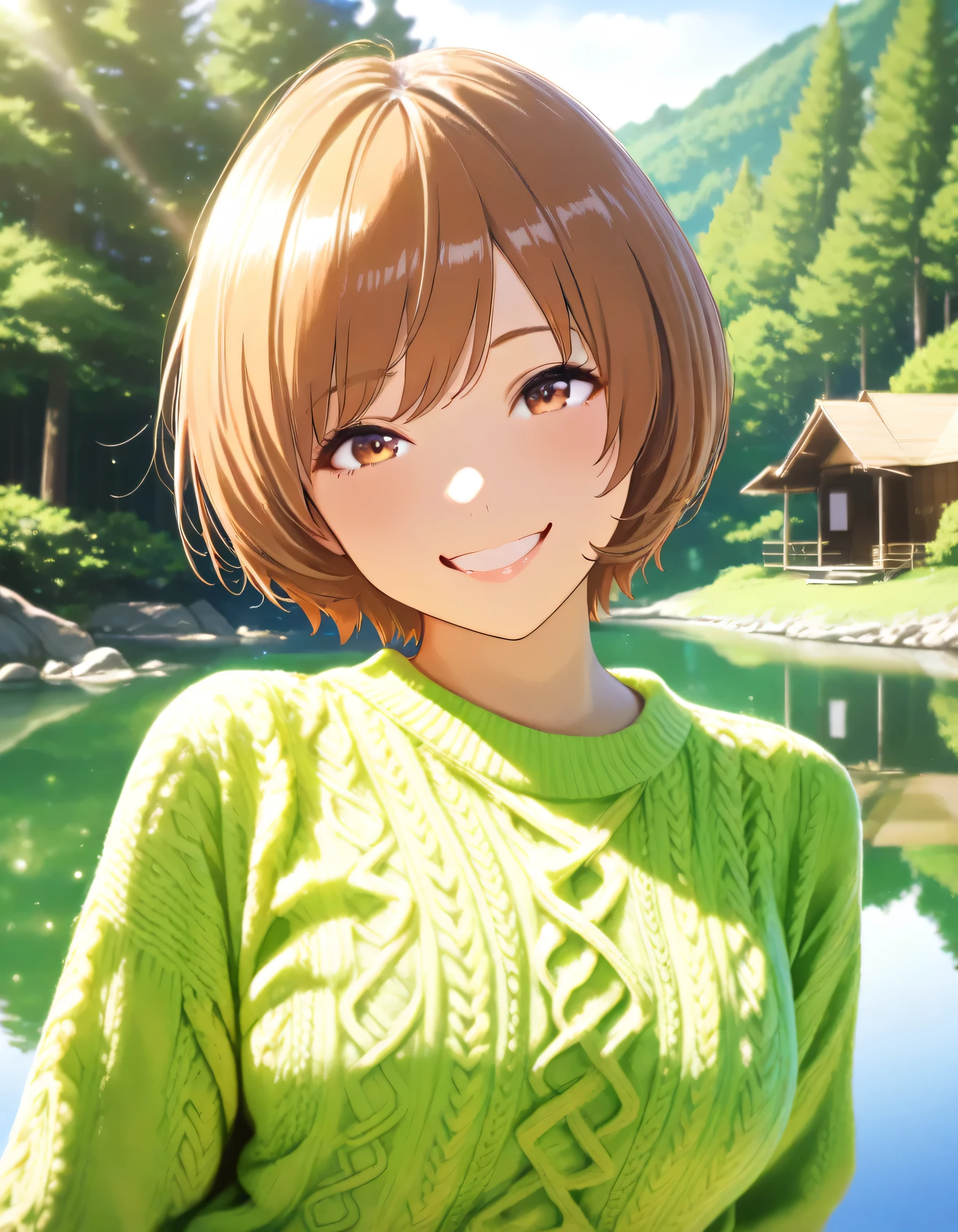 1girl, satonaka chie, umamusume, forest, cabin, lake, Reflected, breathtaking scenery, knit sweater, brown eyes, happy, 16k, Ultra detailed, (realistic, photorealistic : 0.8), masterpiece, high score, great score, absurdres