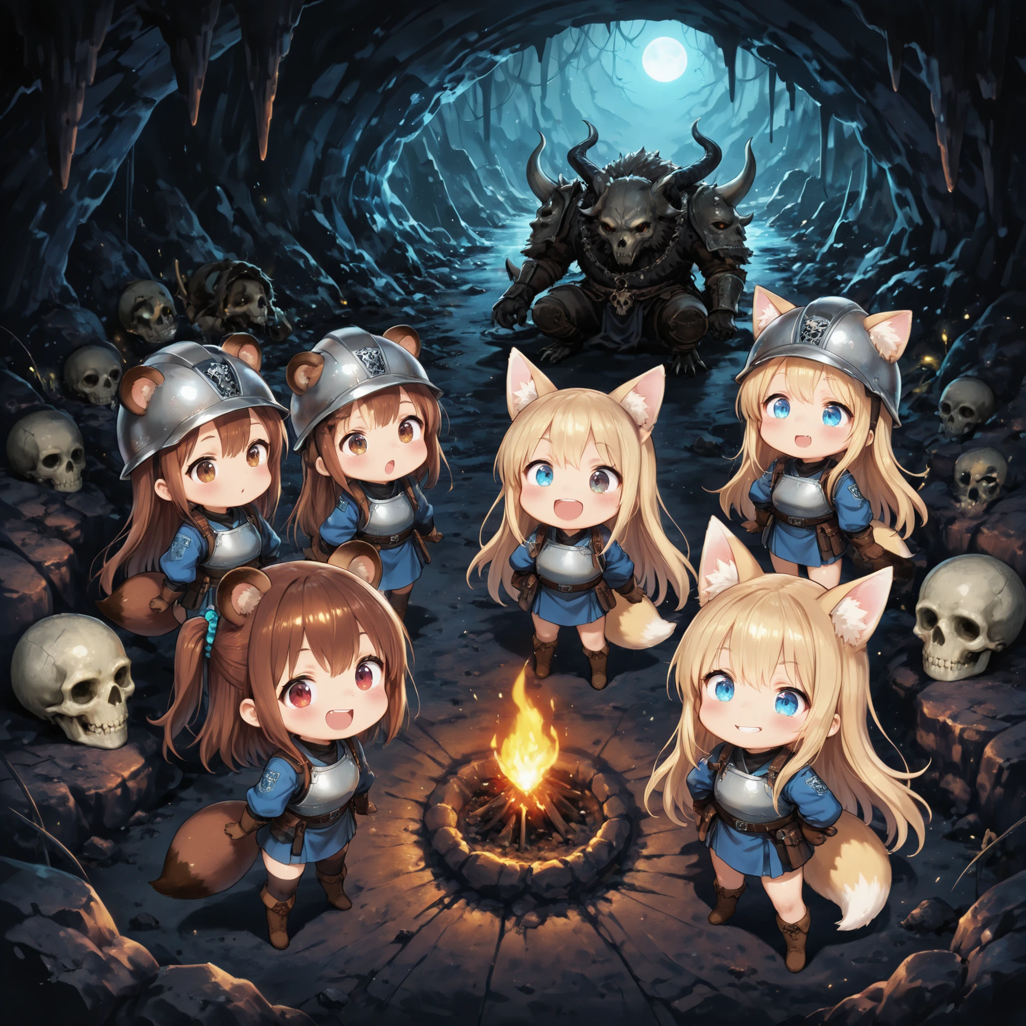 masterpiece, Highest Quality, anime style, (chibi:1.2), full body, 2 heads tall, ( 3 people:1.4),
Girl with Beast Ears, adventurer group , Modern ranger equipment,
Blond girl with fox ears, straight long hair, Blue Eyes,
brown girl with tanuki ears, Fong Master, brown eyes,
redhead bat-eared girl, long wave hair, Red Eyes,
(in a dim cave), Skull, Mucus, Helmet with Light, (high angle),
glowing,TheDeail,mesugaki,Cute,