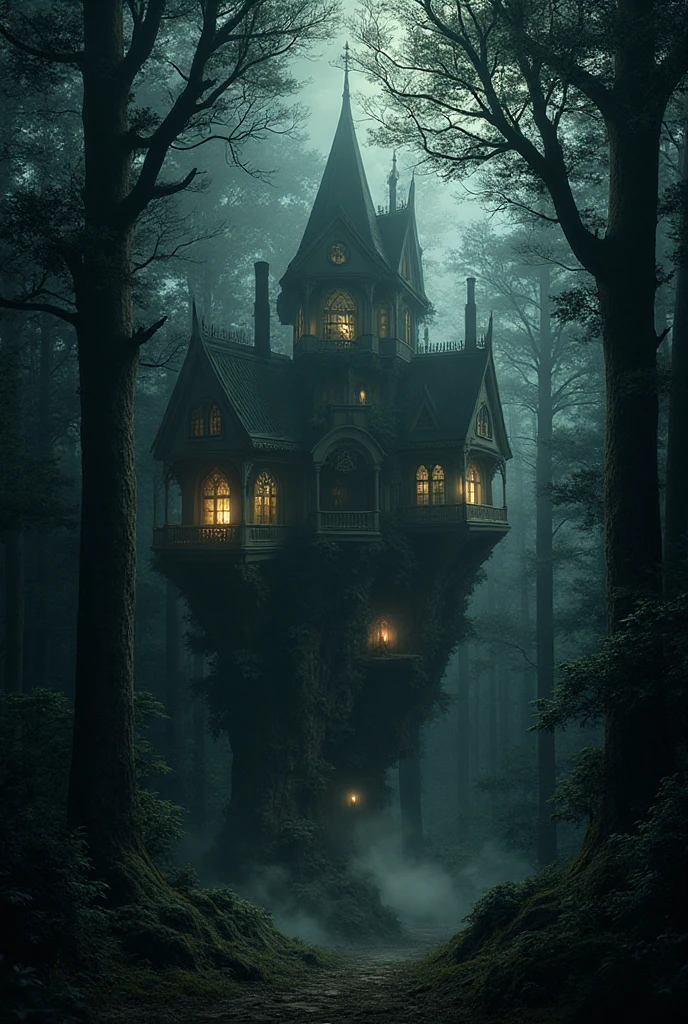 (anime, digital paint, the old woman's destroyed gingerbread house, remnants of candy and sweets scattered around, eerie and dark atmosphere, forest reclaiming the area with vines and plants growing over the ruins)