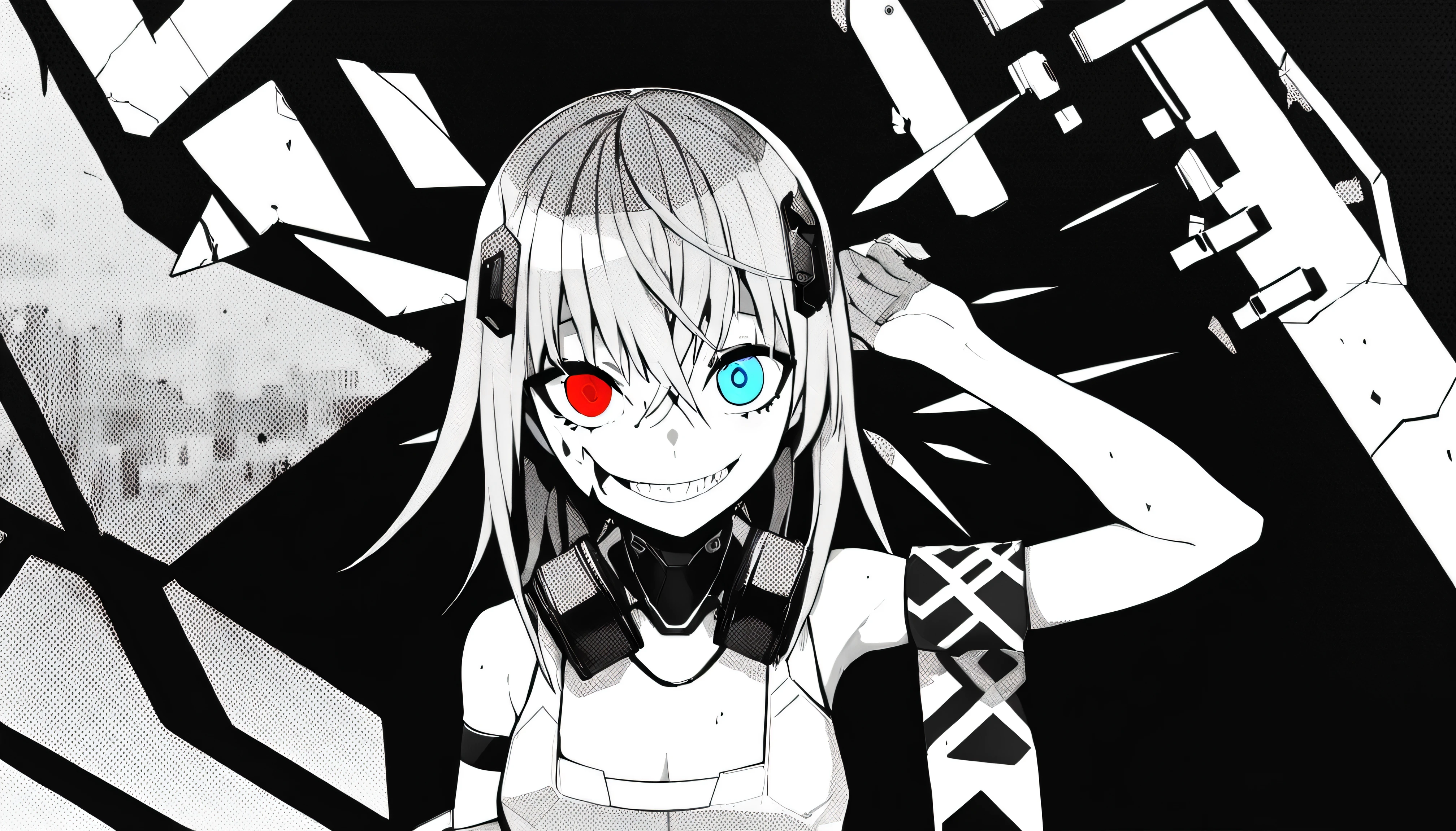  ((The background is a chaotic near-future dystopia、android))、masterpiece, Highest Quality, ((1 girl：The arrangement is centered)), ((A ruined city in the background))、Spikes, ((solo)), headphones , half of the face is a machine、Crazy smile, , spiked Color, Illness, monochrome, 色つきのheadphones around neck,yandere, Black background, Color, viewers,  Bare Shoulder, red eyes and blue eyes,（hairstyle：shortcuts with armbands：hair ornaments）、Futuristic bodysuit、android衣装