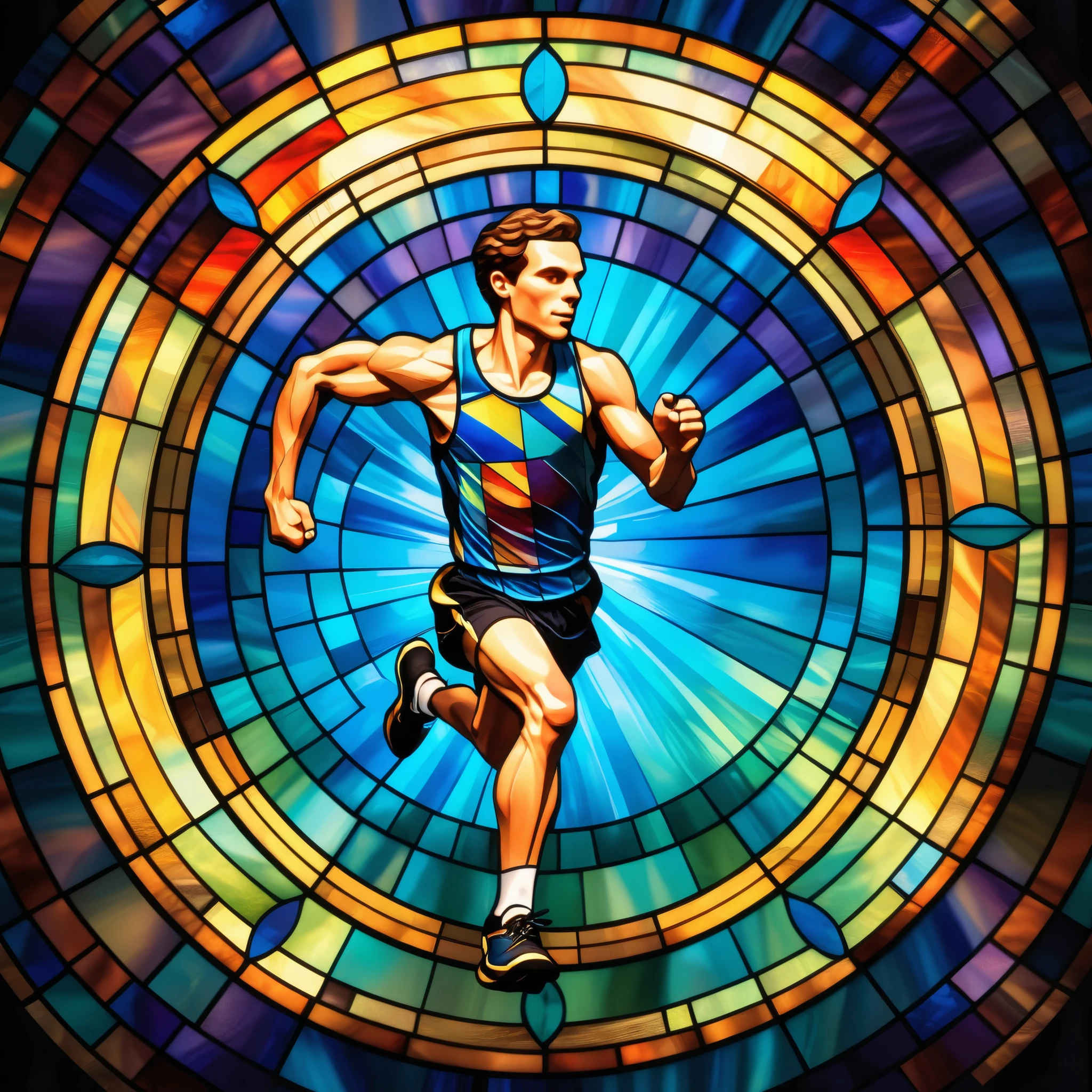 Stained-glass style illustration of a floating ((Short-distance running)), centered in the image, appearing to hover in mid air. The ((Short-distance runing)) is meticulously rendered in warm-toned shades, featuring mosaic-like details and vivid artistic effects. The background is a luminous stained-glass wall only (no floor visible), designed with both horizontal and vertical symmetry, featuring geometric and organic patterns radiating a cool-toned glow. Soft sunlight filters through the symmetrical glass, creating a warm, ethereal glow.