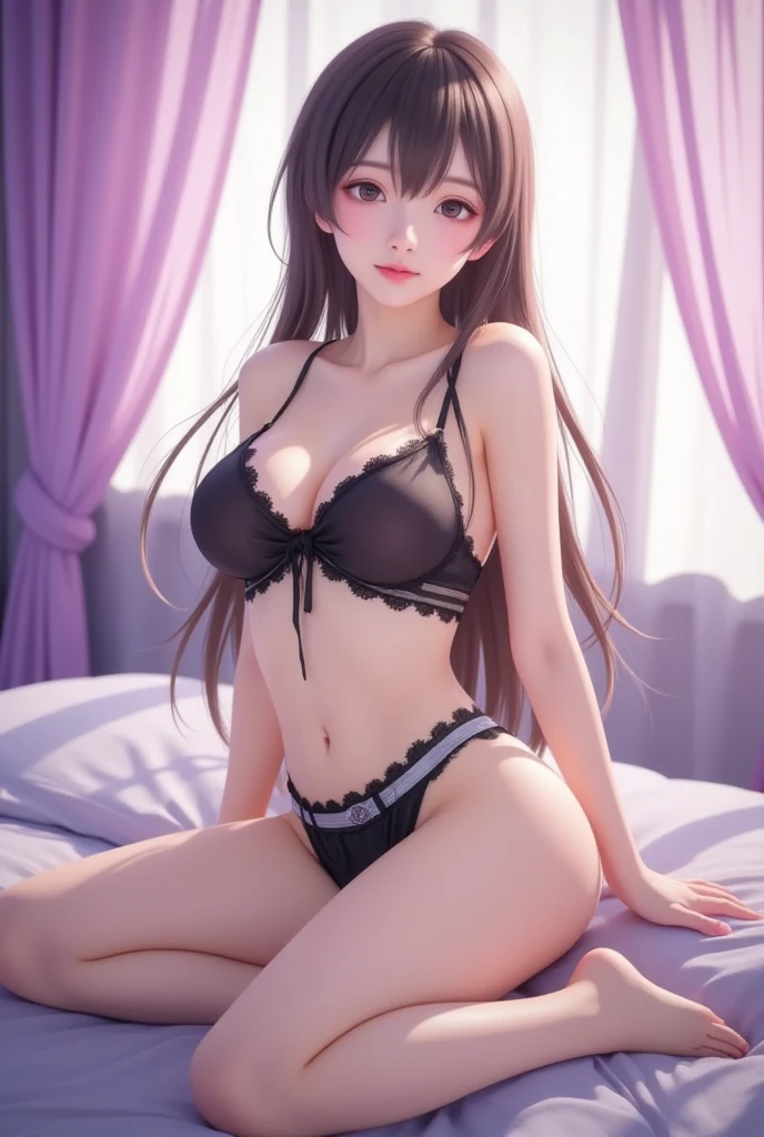 (masterpiece, best quality), female adolescence, refined, pacific islander, brown eyes,    angular jaw,  flat forehead, diamond face shape, graceful collarbone,  , grey
 long and straight hair, grief
 wearing  high waist panties,  plunging neckline top, loafers,  sleep mask ,,
, hands behind back, suggesting confidence or restraint