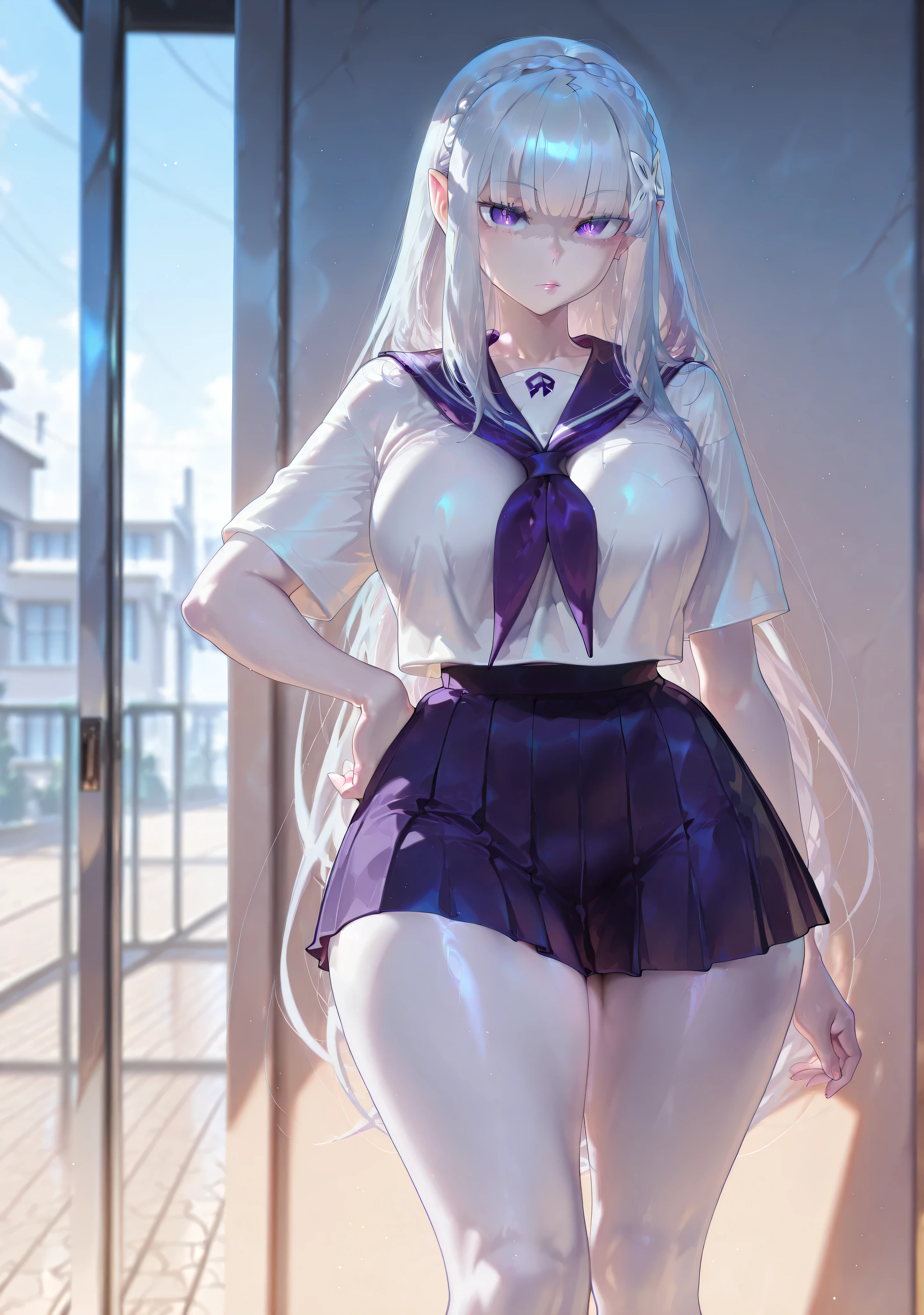 safe_pos, 1girl, Balecxi_Style, Emilia \(Re Zero)\, solo female, no background, day light, standing, big breasts, silver hair, long hair, purple eyes, curvy, thick thighs, long legs, school uniform, mini skirt, bare legs, elf, elf ears, white skin, pointy ears, eyes showing through hair, bored, mad expression, cold stare, lips, one hand on the hip, detailed eyes, looking to the viewer, viewer in front, (masterpiece, best quality, absurdres, highres, very aesthetic, sensitive, high-quality eyes, focus on eyes)