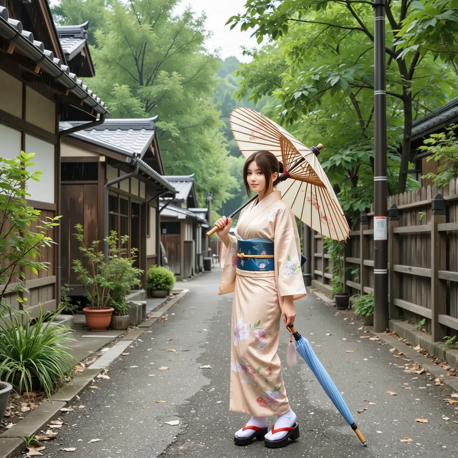 （tmasterpiece：1.2），best qualtiy，realisticlying， There is a woman wearing traditional Japanese clothing and a parasol on left side of image , Traditional beauty, Japanese woman, elegant japanese woman, Japanese model, traditional japanese, japanese-inspired, kneeling posture, symmetrical composition, Gangnam style building on right side of image, background of cherry blossom trees, rainy climate, The scene is painted with a blend of illustration and photorealism, Ultra-detailed brush strokes and clarity, Vivid colors. Lighting emphasizes the elegant features of the geisha, Gives her porcelain skin a soft glow. Artwork is of the highest quality, 4K or 8K resolution, Showcase the intricate details of her kimono.
