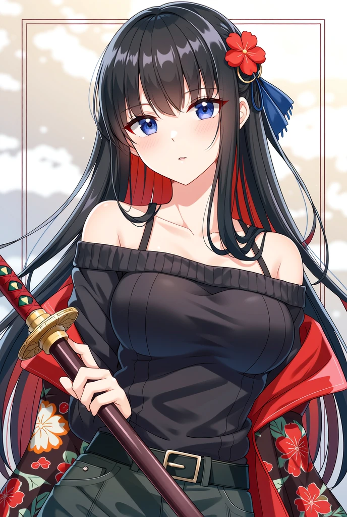(masterpiece, best quality), 1girl, solo, large breasts, wide sleeves, sheath, katana, long hair, sword, kimono, sash, holding weapon, white legwear, black kimono, blush, shy smile, hair between eyes, long sleeves, holding sword, weapon, off shoulder BREAK japanese clothes, looking at viewer, bare shoulders, breasts, floral print, obi, red eyes, holding, smile, cleavage, black hair, collarbone