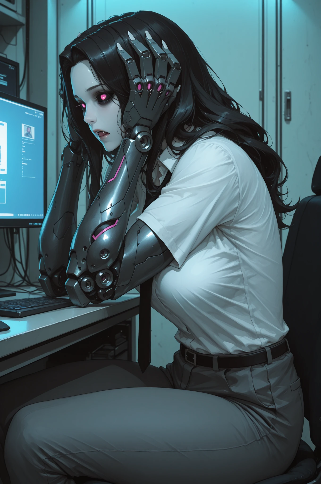 safe_pos, score_9, score_8_up, score_7_up (zPDXL3)  Stable_Yogis_PDXL_Positives,  BREAK inside, government_facility, control_room, computers, desk

1MILF, mature woman, solo, tall, (pale_skin_tone:1.3), (hands_on_head:1.3), (Mechanical_arms:1.3), Cybernetic_face, muscular thighs, muscular_arms, long_hair, black_hair (Pink_highlights), White_nails, fangs, long_fangs, terrified_expression, despair, wide_eyes, white_glowing_eyes, black_sclera, sitting_on_chair, hunched_over, white_shirt, black_tie, suit_pants, side_view, looking at computer, , Mature looks, MILF, 8k, (masterpiece) Expressiveh
