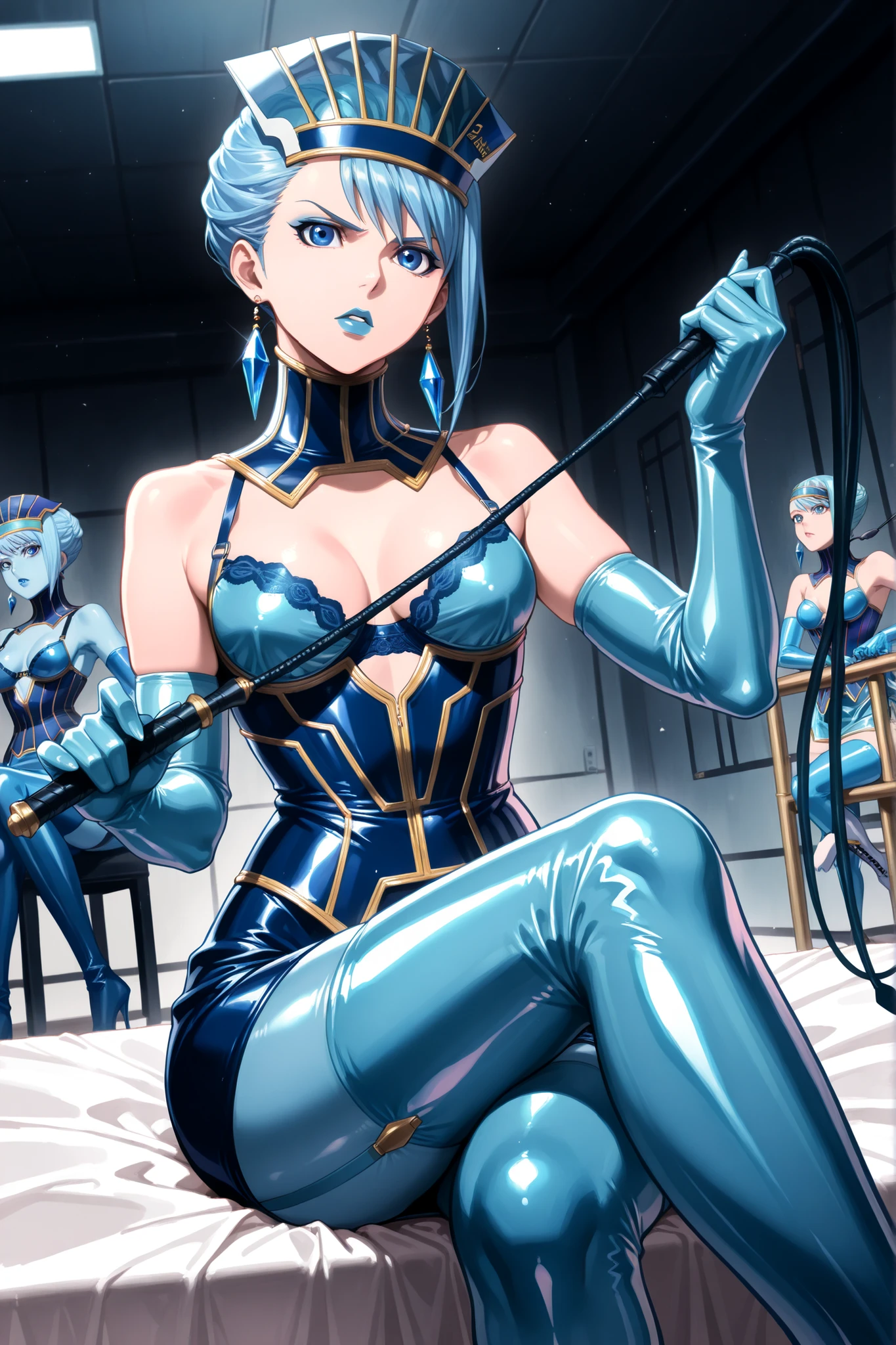 (((sitting cross-legged)))、holding a riding whip in hand:1.3、holding riding crop:1.4、Queen、((( 1 woman)))、(((solo:1.8)))、((( blue latex elbow gloves :1.4)))、((( blue latex corset dress :1.4)))、(((The corset dress is decorated with beautiful lace)))、(((corset dress with shoulder straps)))、((( blue latex tight miniskirt holding a riding whip in the right hand:1.4)))、(((Blue Thigh-High Boots:1.4)))、(((Blue Rubber Tights:1.2)))、(((stiletto heel boots:1.4)))、(((stiletto boots:1.4)))、(((The blue latex high leg panty)))、(((blue latex bra )))、(((bold pose:1.4 )))、Wide legs:1.2、(((erotic)))、(((cowboy shot)))、クローズup、beautiful eyes with highlights、Fine Beautiful Skin、} 2 perfect legs based on anatomy、wearing cute mythological costumes、(perfect 4 fingers and 1 thumb)、greatest masterpiece、Masterpiece、absurdres、high image quality、Hi-Res 8k、detailed face、detailed eyes、Detailed Hairstyles、score_9, score_8_up, score_7_up, score_6_up, score_5_up, score_4_up, source_anime, Rating_Safety, BREAK Blue Rose (Tiger & ), Carina Lyle, 1girl, ((blue hair, short hair)), Blue Eyes,blue eyeshadow、 makeup, Blue lipstick, long lashes、medium breasted, superhero, has, Crystal Earrings, gem,  White Thorns, serious, viewers, facing viewers covered by explosions, fight, (Indoor、detailed background、BDSM dungeon、training room、discipline room、torture room、Room for torturing enemies、bed、Show me the sole of a black and red indoor)、Dutch Angle、Dynamic Angle、Staring at the audience、Make eye contact with the audience、No expression、Ruthless Expression 、Cold Stare
