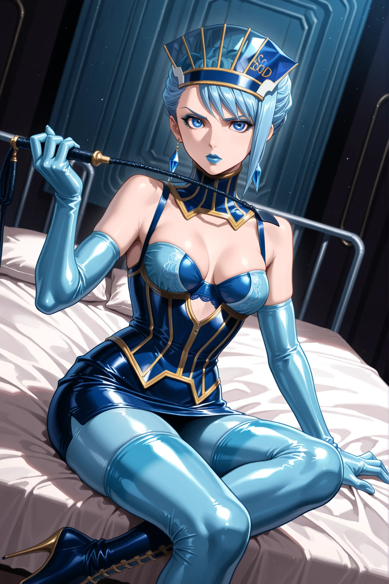 (((sitting cross-legged)))、holding a riding whip in hand:1.3、holding riding crop:1.4、Queen、((( 1 woman)))、(((solo:1.8)))、((( blue latex elbow gloves :1.4)))、((( blue latex corset dress :1.4)))、(((The corset dress is decorated with beautiful lace)))、(((corset dress with shoulder straps)))、((( blue latex tight miniskirt holding a riding whip in the right hand:1.4)))、(((Blue Thigh-High Boots:1.4)))、(((Blue Rubber Tights:1.2)))、(((stiletto heel boots:1.4)))、(((stiletto boots:1.4)))、(((The blue latex high leg panty)))、(((blue latex bra )))、(((bold pose:1.4 )))、Wide legs:1.2、(((erotic)))、(((cowboy shot)))、クローズup、beautiful eyes with highlights、Fine Beautiful Skin、} 2 perfect legs based on anatomy、wearing cute mythological costumes、(perfect 4 fingers and 1 thumb)、greatest masterpiece、Masterpiece、absurdres、high image quality、Hi-Res 8k、detailed face、detailed eyes、Detailed Hairstyles、score_9, score_8_up, score_7_up, score_6_up, score_5_up, score_4_up, source_anime, Rating_Safety, BREAK Blue Rose (Tiger & ), Carina Lyle, 1girl, ((blue hair, short hair)), Blue Eyes,blue eyeshadow、 makeup, Blue lipstick, long lashes、medium breasted, superhero, has, Crystal Earrings, gem,  White Thorns, serious, viewers, facing viewers covered by explosions, fight, (Indoor、detailed background、BDSM dungeon、training room、discipline room、torture room、Room for torturing enemies、bed、Show me the sole of a black and red indoor)、Dutch Angle、Dynamic Angle、Staring at the audience、Make eye contact with the audience、No expression、Ruthless Expression 、Cold Stare