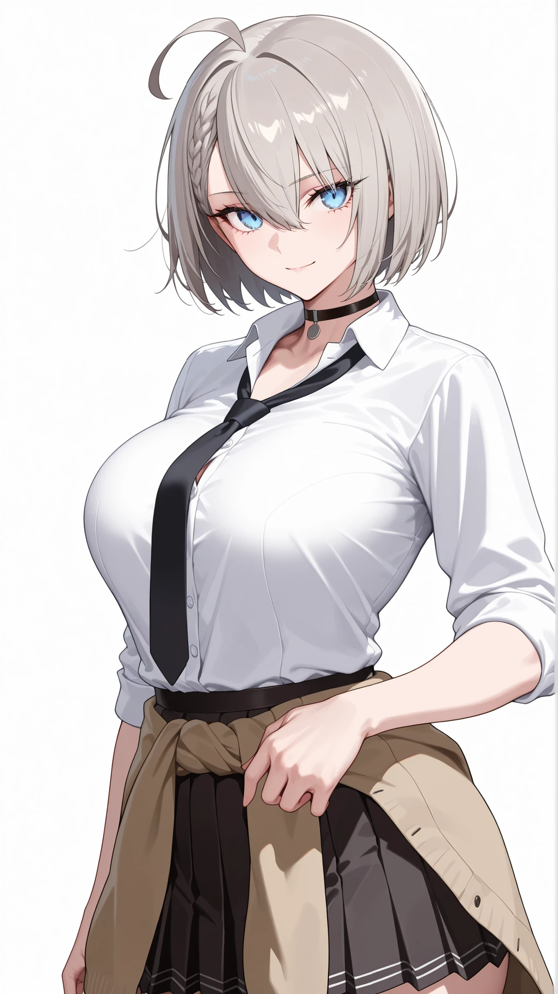 1girl, solo, anime girl, elegant, badass, baltimore, masterpiece, very aesthetic, grey hair, ahoge, short hair, french braid, hair between eyes, bob cut, light blue eyes, sharp eye outlines, long eyelashes, looking at viewer, small smile, big breasts, curvy body, white shirt, collared shirt, open collar, long sleeve, rolled up sleeve, black necktie, black pleated skirt, jacket around waist, brown jacket, black choker, front view, standing, model pose, white background, simple background, soft skin, volume light, depth of field, high detail, highres, ultra-detailed, detailed face, (detailed eyes), (perfect eyes), perfect composition, intricate details, detailed and polished anime style, (detailed hand), (perfect hand), 4K, 8K
