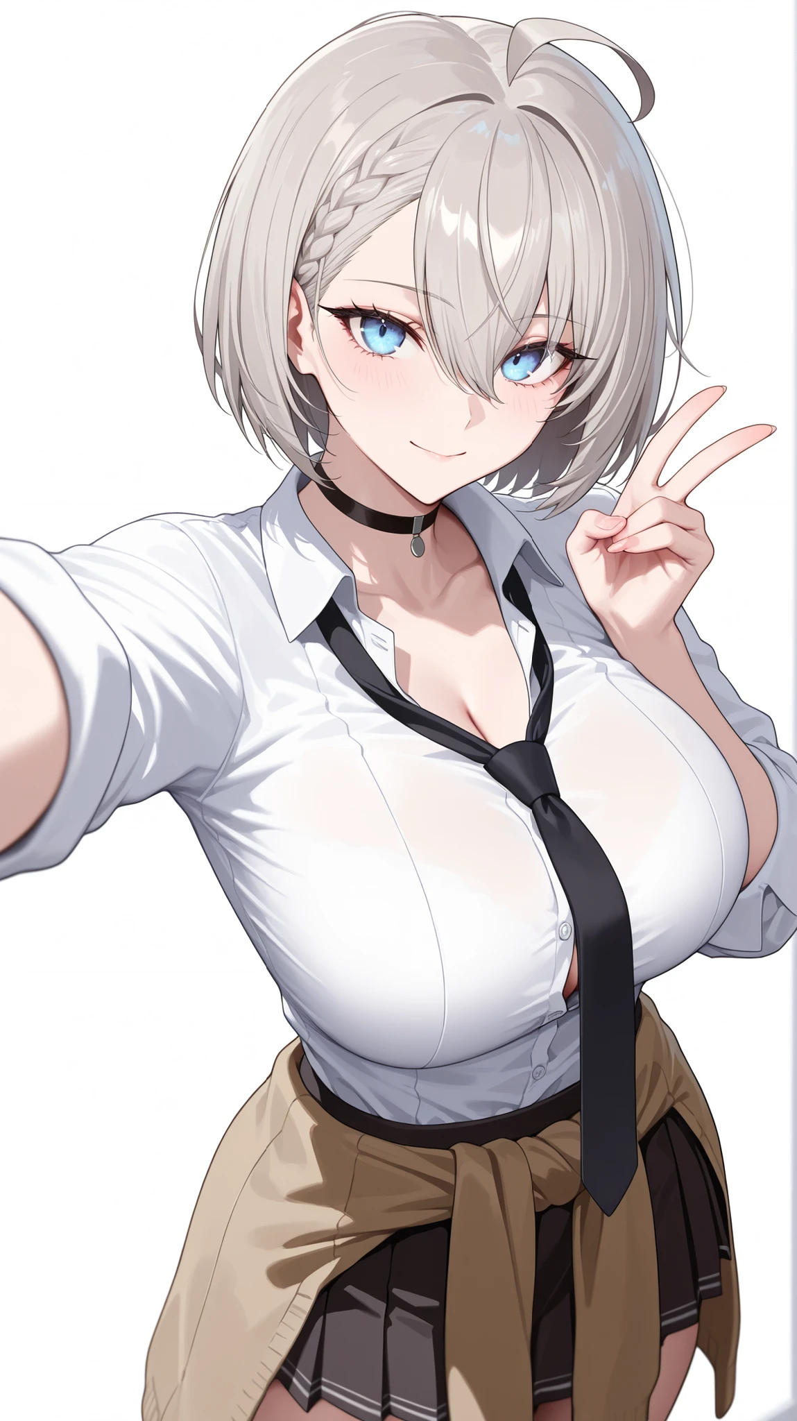 1girl, solo, anime girl, elegant, badass, baltimore, masterpiece, very aesthetic, grey hair, ahoge, short hair, french braid, hair between eyes, bob cut, light blue eyes, sharp eye outlines, long eyelashes, looking at viewer, small smile, big breasts, curvy body, white shirt, collared shirt, open collar, long sleeve, rolled up sleeve, black necktie, black pleated skirt, jacket around waist, brown jacket, black choker, front view, standing, selfie pose, white background, simple background, soft skin, volume light, depth of field, high detail, highres, ultra-detailed, detailed face, (detailed eyes), (perfect eyes), perfect composition, intricate details, detailed and polished anime style, (detailed hand), (perfect hand), 4K, 8K