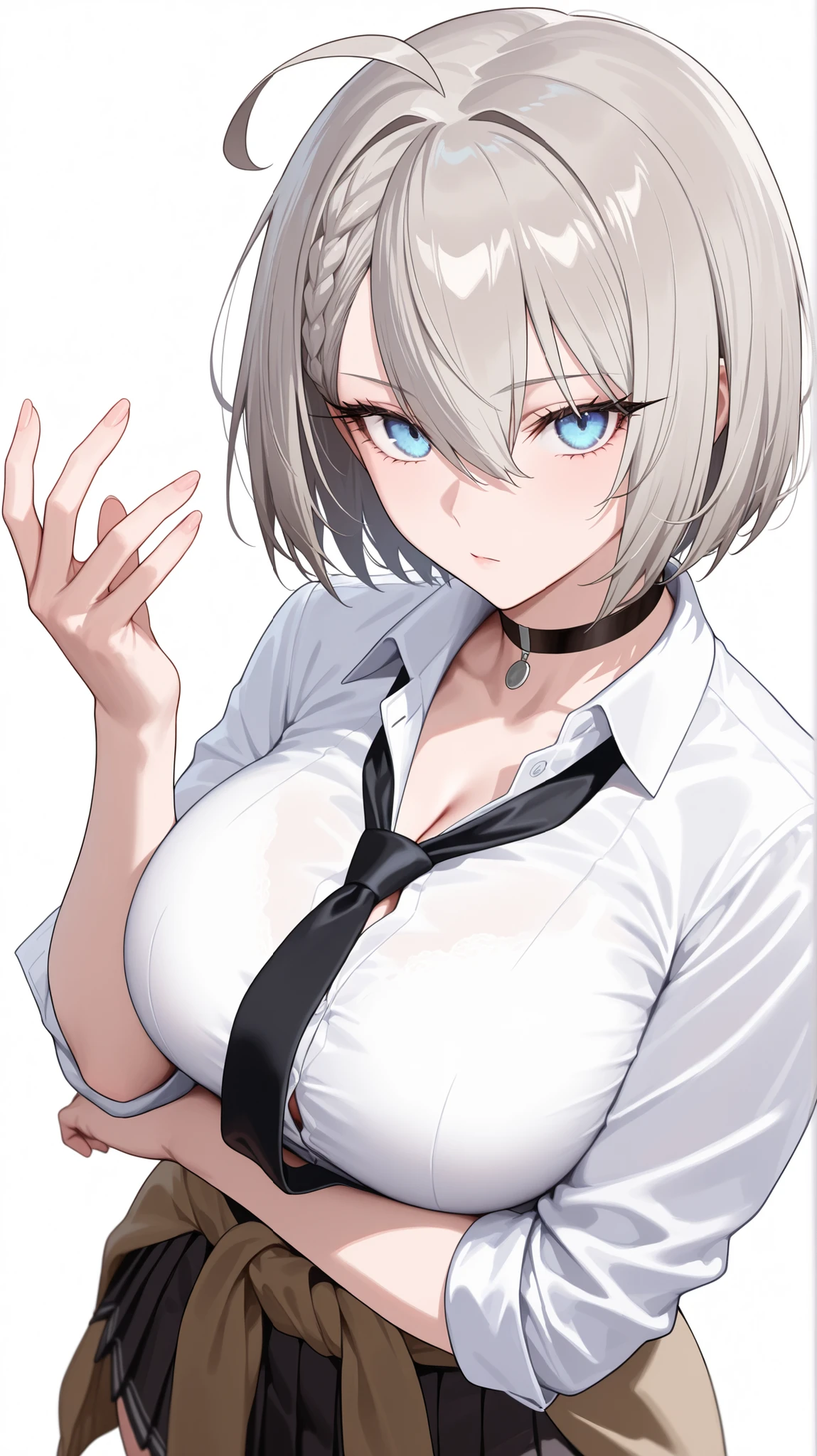 1girl, solo, anime girl, elegant, badass, baltimore, masterpiece, very aesthetic, grey hair, ahoge, short hair, french braid, hair between eyes, bob cut, light blue eyes, sharp eye outlines, long eyelashes, looking at viewer, big breasts, curvy body, white shirt, collared shirt, open collar, long sleeve, rolled up sleeve, black necktie, black pleated skirt, jacket around waist, brown jacket, black choker, bubblegum, front view, standing, cool pose, white background, simple background, soft skin, volume light, depth of field, high detail, highres, ultra-detailed, detailed face, (detailed eyes), (perfect eyes), perfect composition, intricate details, detailed and polished anime style, (detailed hand), (perfect hand), 4K, 8K