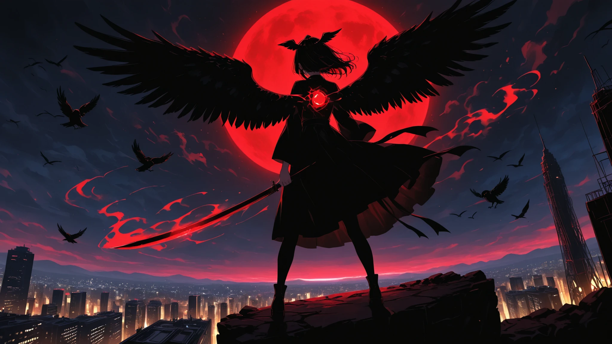 anime style, dramatic silhouette of a crow tengu girl with massive black wings spread wide, standing tall on the edge of a skyscraper against a glowing city night backdrop, red and black outfit fluttering in the wind, minimal facial detail, focus on pose and composition, bright city lights and deep night sky behind her, cinematic and powerful mood, digital painting, high detail, masterpiece:1.5, best quality