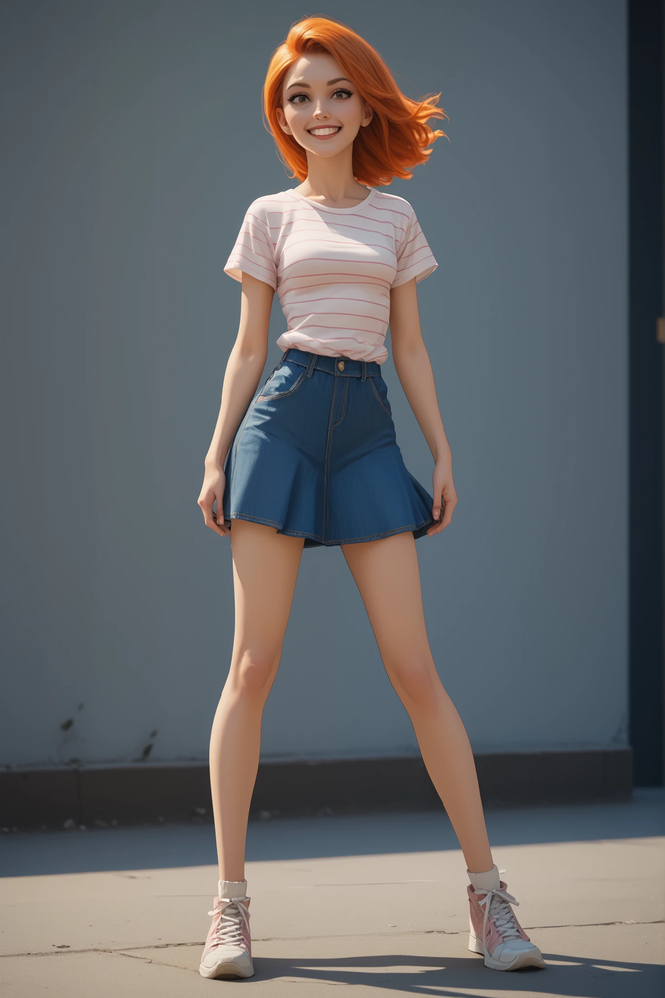 One character Girl with orange hair Invincible Style (Ryan Ottley) loose-cut striped t-shirt jumpsuit skirt with super short loose strap denim and Sneakers large loose-fitting t-shirt fringed orange hair with smiling one character sexy body sexy legs straps jumpsuit short skirt