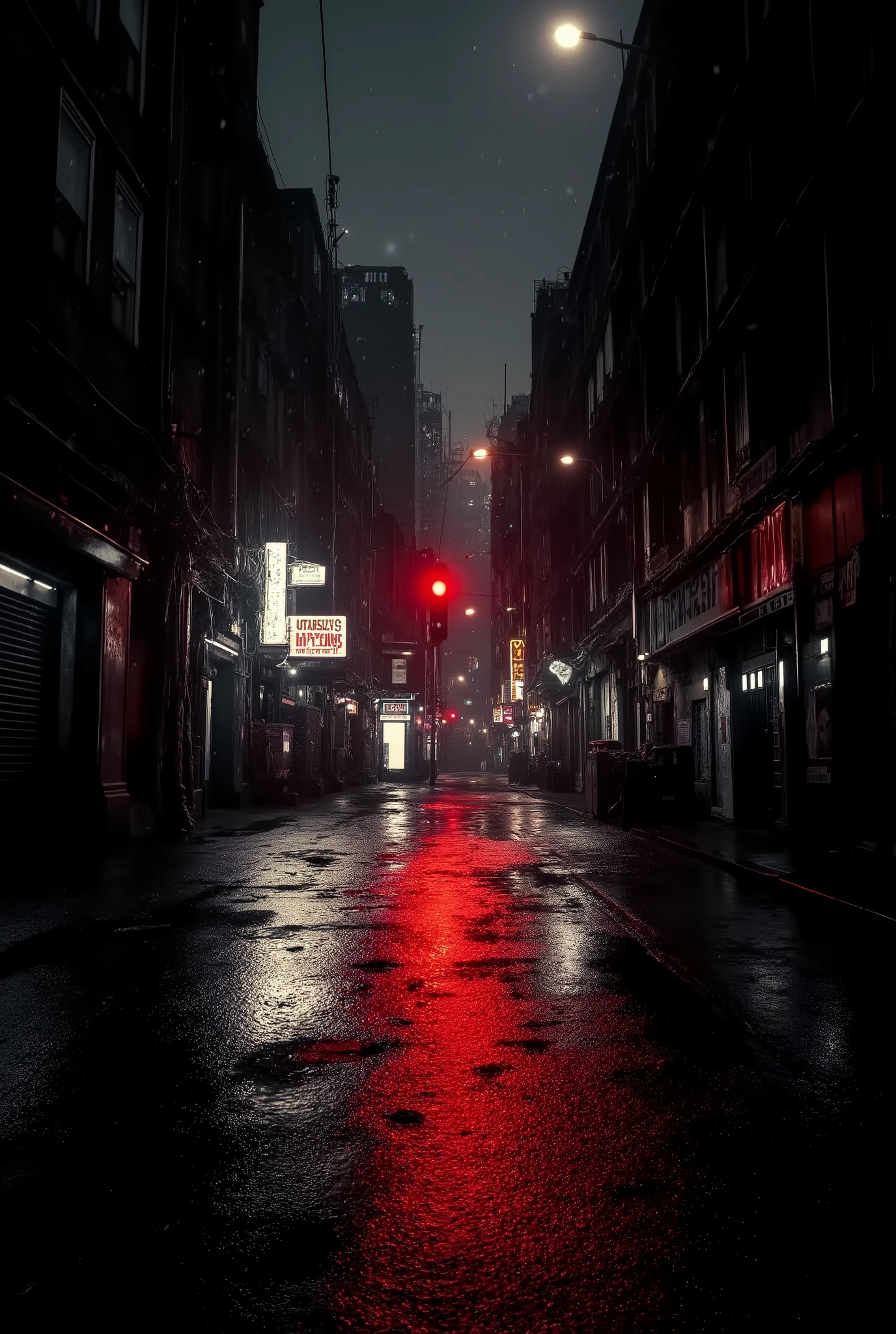 a deserted and dark street of a megalopolis at night, in a dark and modern style, electro, rain, smoke, tech-black, red neon lights, night, shot on sony a1, 85mm F/1. 4 ISO 100, medium format, 45 megapixel, flash lighting, natural moon lighting, high contrast