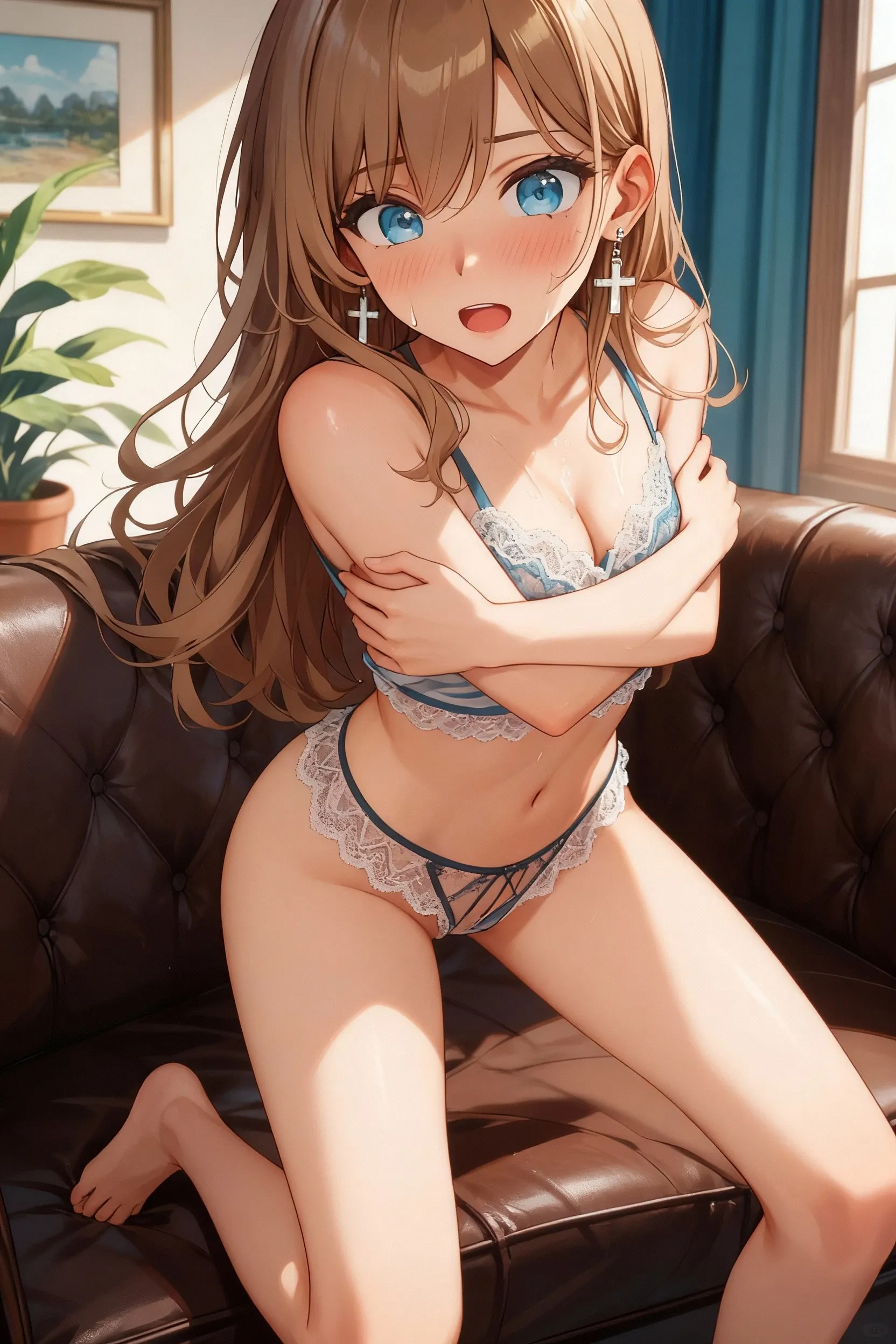 (Masterpiece, extremely detailed 8k CG, sharp line),Gray hair , offcial art, Colorful, beautiful japanese anime style big eyes, one pretty woman, Light brown hair, (Delicate pink thin lace sheer mini bra, Delicate pink thin lace sheer mini T-back panties), Dark brown eyes, wet and see-through, small hard ?????? ????????:1.4, passing, view the viewer, Shy, (?????????????), (From below, angle of view:1.3), Carmelto:1.3, White ????? T-back panties, Under the ?????, cleavage:1.3, Smooth skin:1.2, (????? T-back panties cut very deep into the Carmelto), (????? T-back panties cut deep into the cleft lip), (Face sitting, spread their legs, The pose emphasizes Carmelto: 1.5), (and the shape of the female ????????? is clearly visible:1.8), (The shape of the ???????? is clearly visible:1.3), From the observer, the composition from the parietal lobe to the thigh can be seen, (The panties are wet，Fit snugly in:1.5), (The bra is moist and transparent and fits snugly:1.5),