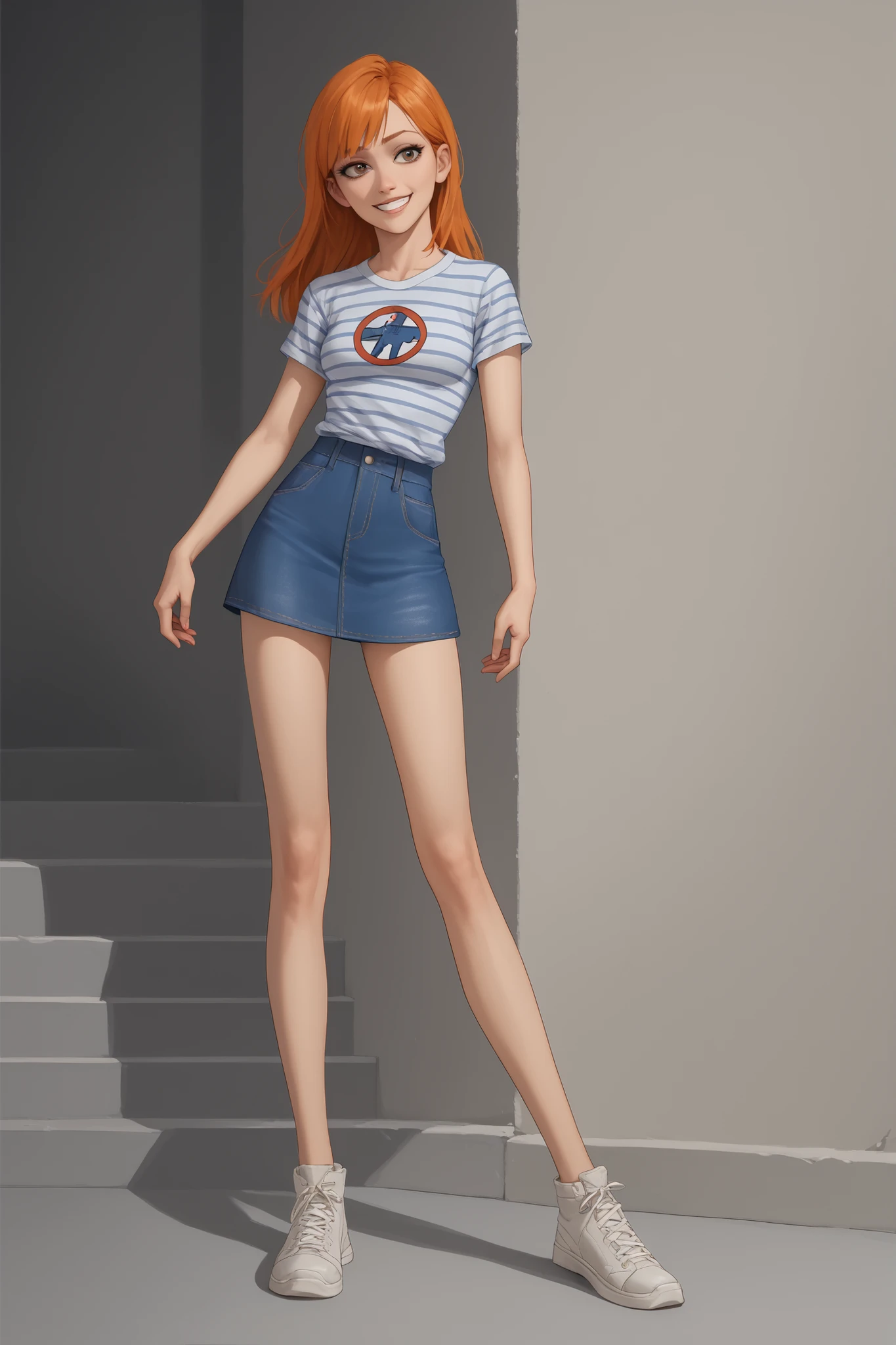 One character Girl with orange hair Invincible Style (Ryan Ottley) loose-cut striped t-shirt jumpsuit skirt with super short loose strap denim and Sneakers large loose-fitting t-shirt fringed orange hair with smiling one character sexy body sexy legs straps jumpsuit short skirt 