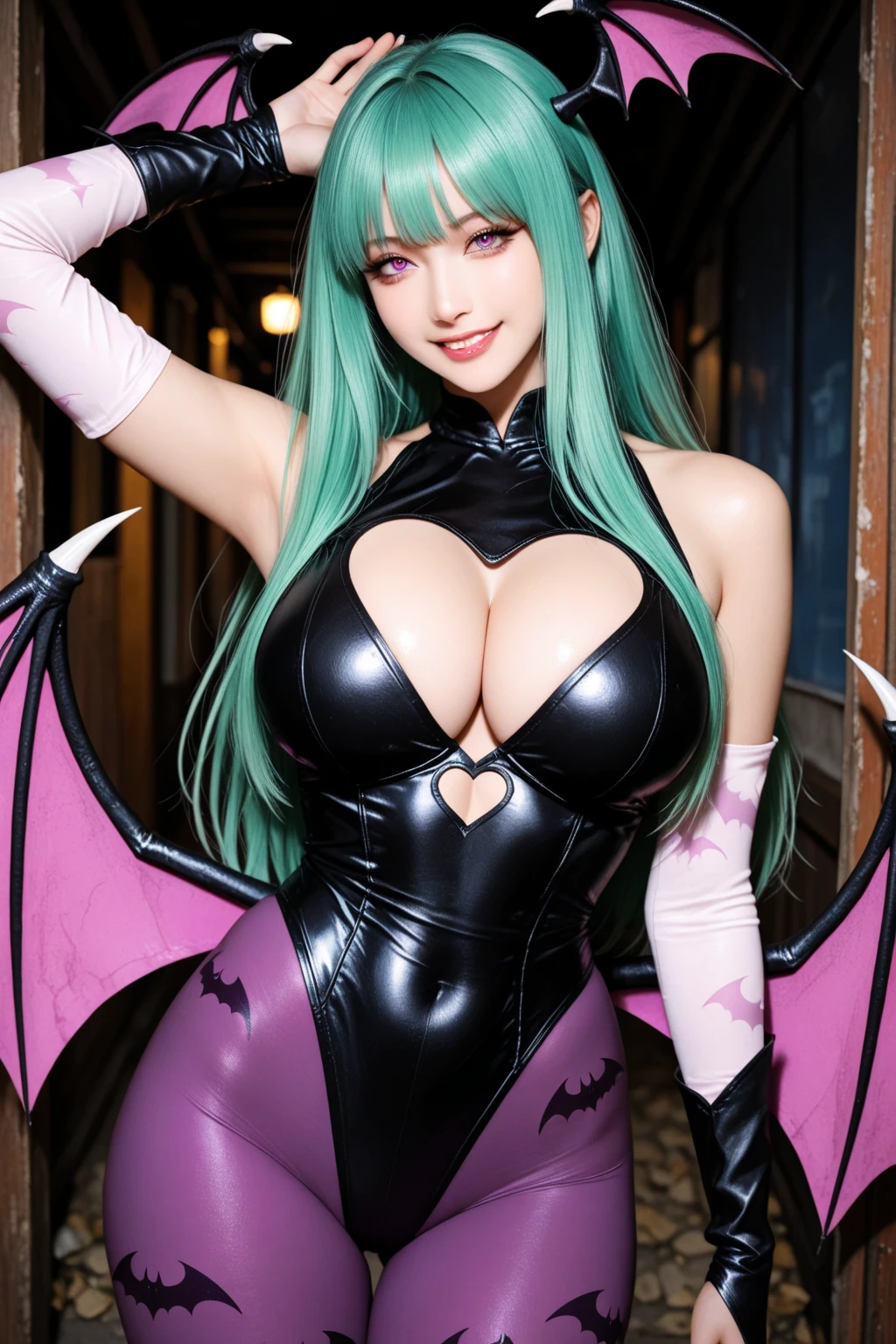 masterpiece, best quality, newest, absurdres, highres ,  <lora:MorriganAenslandIllustrious:0.9>,  DRKSTKRSMORAENS, hime cut, head wings, green hair, cleavage, black leotard, heart cutout, fur trim, bridal gauntlets, print pantyhose, bat print, demon wings ,night, green eyes,  , moon,  smile, looking at viewer, close-up, fog castle, upper body, close-up, hand on own ,