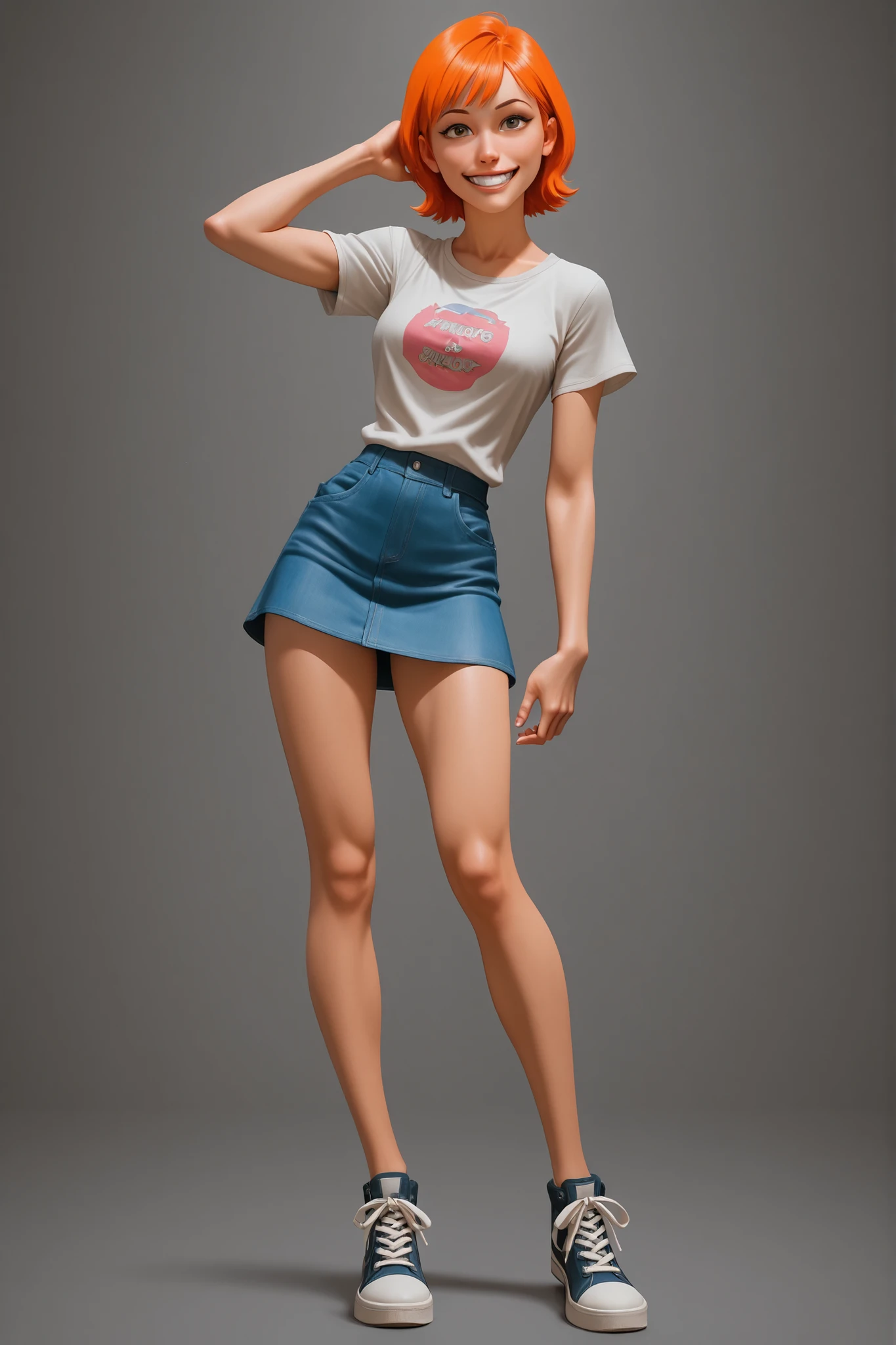 One character Girl with orange hair Invincible Style (Ryan Ottley) loose-cut striped t-shirt jumpsuit skirt with super short loose strap denim and Sneakers large loose-fitting t-shirt fringed orange hair with smiling one character sexy body sexy legs straps jumpsuit short skirt 