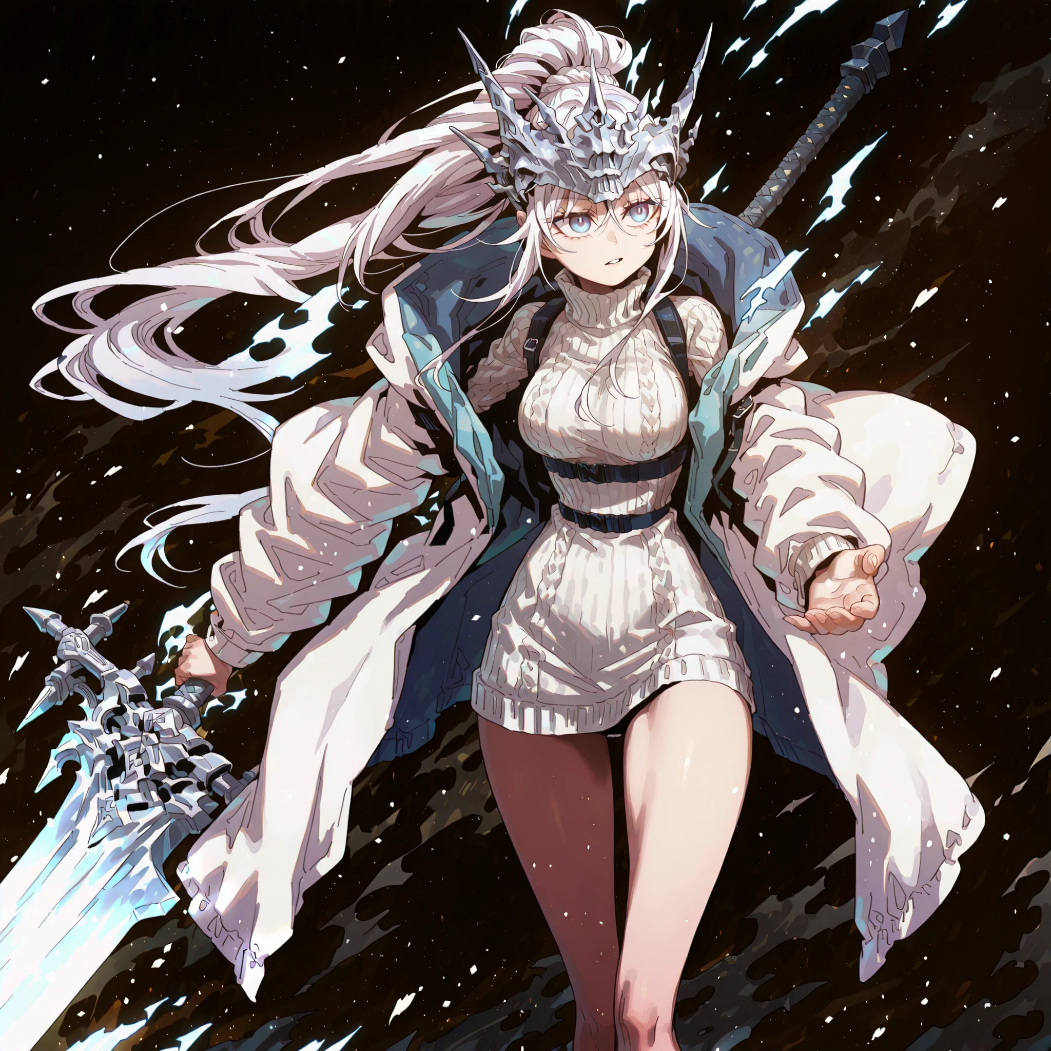 Alone, 1 girl, solitary female character, a young teenager about 1.5 meters tall. She stands alone against a deep black background, making her stand out vividly. Her physique and height are exactly like Terakomari Gandesblood from The Vexations of a Shut-In Vampire Princess.
She has long white hair tied in a ponytail, just like Sylpha Langlis from Tensei Shitara Dai Nana Ōji. The tips of her hair have an ethereal, white flame-like appearance.
Clothing and Accessories:
Her eyes are completely hidden behind a silver mask with the same design as the Frost Queen’s mask from Return of the Frozen Player. A silver mask identical to the Frost Queen’s mask from Return of the Frozen Player. A silver mask identical to the Frost Queen’s mask from Return of the Frozen Player. The mask covers the eyes. The mask covers the eyes. The mask covers the eyes. The mask covers the eyes.
She wears a black turtleneck sweater that extends halfway down her thighs. Her thighs and legs are exposed. The most important feature is her white coat with blue accents—identical in every detail to Amiya’s coat from Arknights: the same fabric, cut, blue highlights, length, hood design, zippers, and proportions (but entirely white). The coat fits properly, sliding off her arms and leaving her shoulders exposed.
Pose and Expression:
Black background, sexy pose, wide hips, medium breasts, slim waist, short body. She is a young girl conjuring a large white flame in one hand while holding an immense white greatsword with golden details in the other. The massive greatsword appears to be made of stone, with several cracks running along its broad, heavy blade, from which condensed energy radiates. Energy flows visibly from the cracks of the massive sword.
Atmosphere and Style:
Youthful energy. Ultra-detailed, sharp, clean anime style. Deep black background with cinematic lighting emphasizing her short stature and powerful aura. Perfect image, perfect face, perfect eyes, perfect anatomy.
