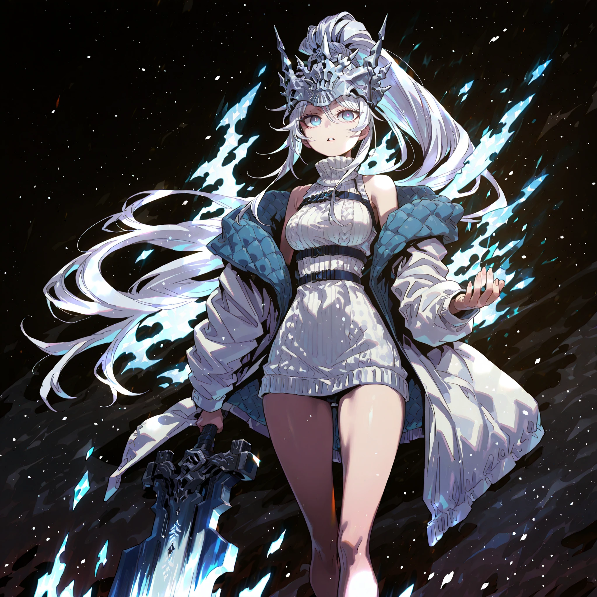 Alone, 1 girl, solitary female character, a young teenager about 1.5 meters tall. She stands alone against a deep black background, making her stand out vividly. Her physique and height are exactly like Terakomari Gandesblood from The Vexations of a Shut-In Vampire Princess.

She has long white hair tied in a ponytail, just like Sylpha Langlis from Tensei Shitara Dai Nana Ōji. The tips of her hair have an ethereal, white flame-like appearance.

Clothing and Accessories:
Her eyes are completely hidden behind a silver mask with the same design as the Frost Queen’s mask from Return of the Frozen Player. A silver mask identical to the Frost Queen’s mask from Return of the Frozen Player. A silver mask identical to the Frost Queen’s mask from Return of the Frozen Player. The mask covers the eyes. The mask covers the eyes. The mask covers the eyes. The mask covers the eyes.

She wears a black turtleneck sweater that extends halfway down her thighs. Her thighs and legs are exposed. The most important feature is her white coat with blue accents—identical in every detail to Amiya’s coat from Arknights: the same fabric, cut, blue highlights, length, hood design, zippers, and proportions (but entirely white). The coat fits properly, sliding off her arms and leaving her shoulders exposed.

Pose and Expression:
Black background, sexy pose, wide hips, medium breasts, slim waist, short body. She is a young girl conjuring a large white flame in one hand while holding an immense white greatsword with golden details in the other. The massive greatsword appears to be made of stone, with several cracks running along its broad, heavy blade, from which condensed energy radiates. Energy flows visibly from the cracks of the massive sword.

Atmosphere and Style:
Youthful energy. Ultra-detailed, sharp, clean anime style. Deep black background with cinematic lighting emphasizing her short stature and powerful aura. Perfect image, perfect face, perfect eyes, perfect anatomy.