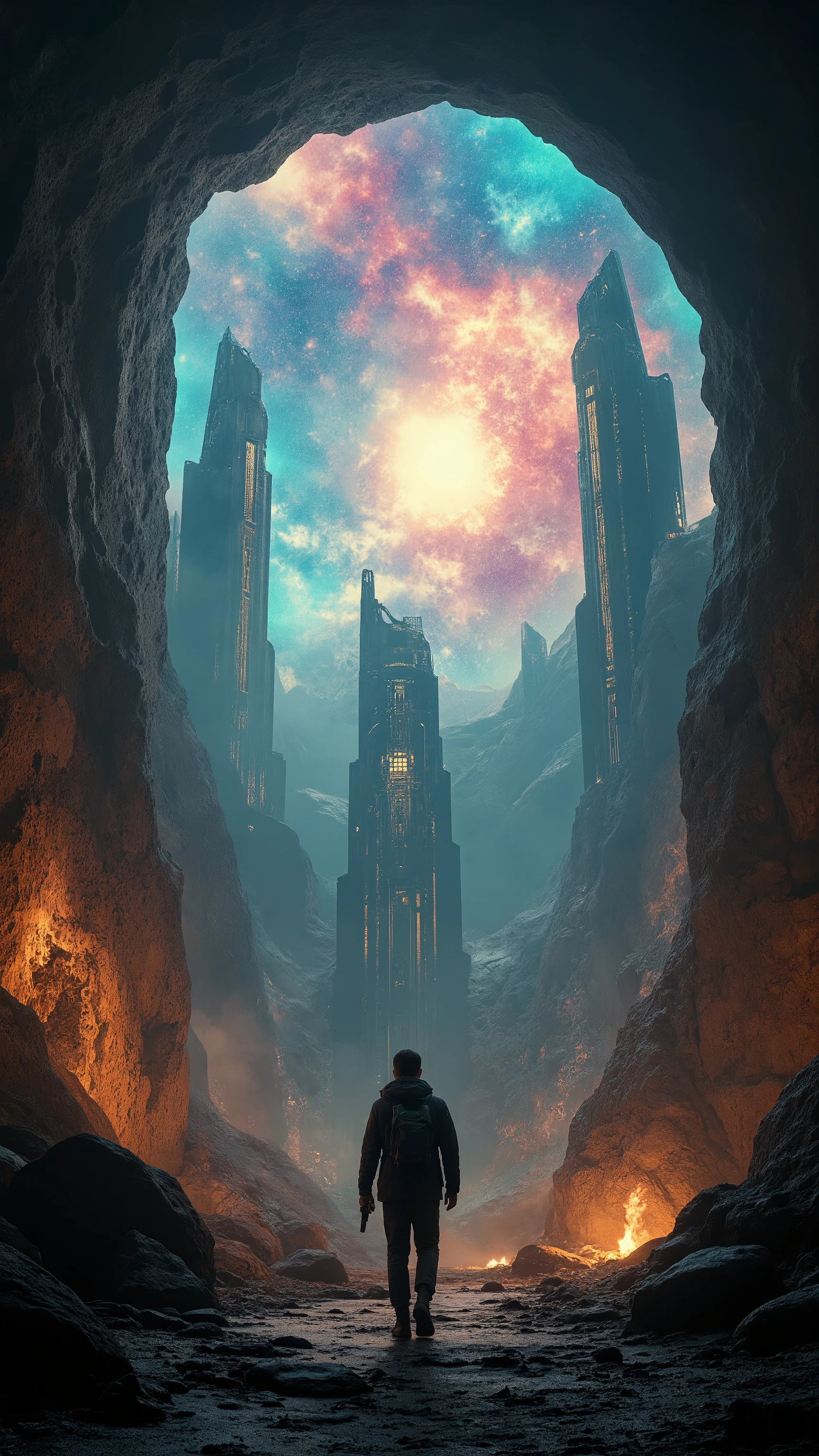 high-definition images、Agartha in the Underworld、Explore、Ethan Hunt、Beautiful futuristic buildings in the seven-color sky、