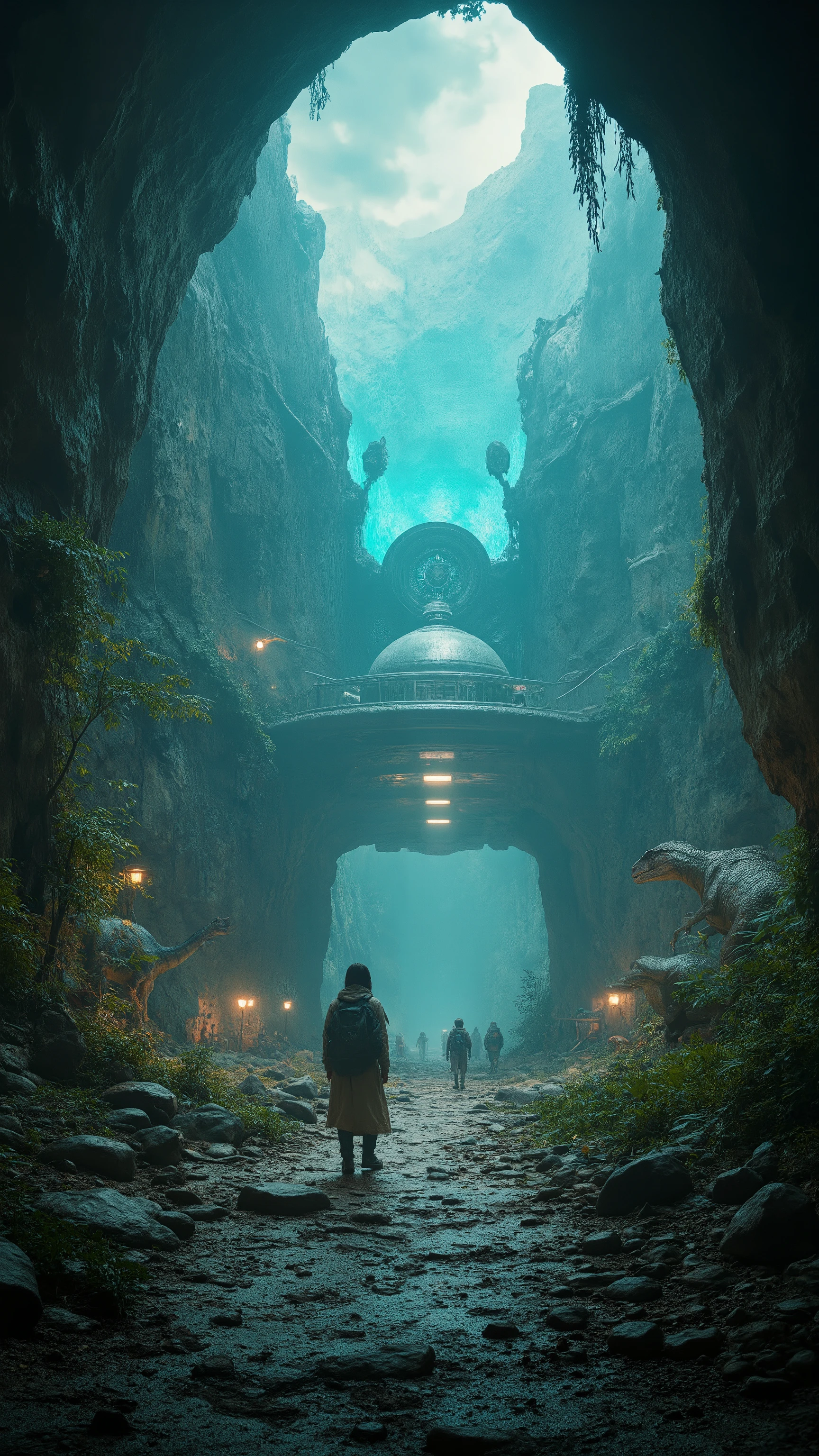 high-definition images、カイラス山の地下にある、シャンバラ in the Underworld、Explore、Ethan Hunt、Beautiful futuristic buildings in the seven-color sky、恐竜も歩き回る