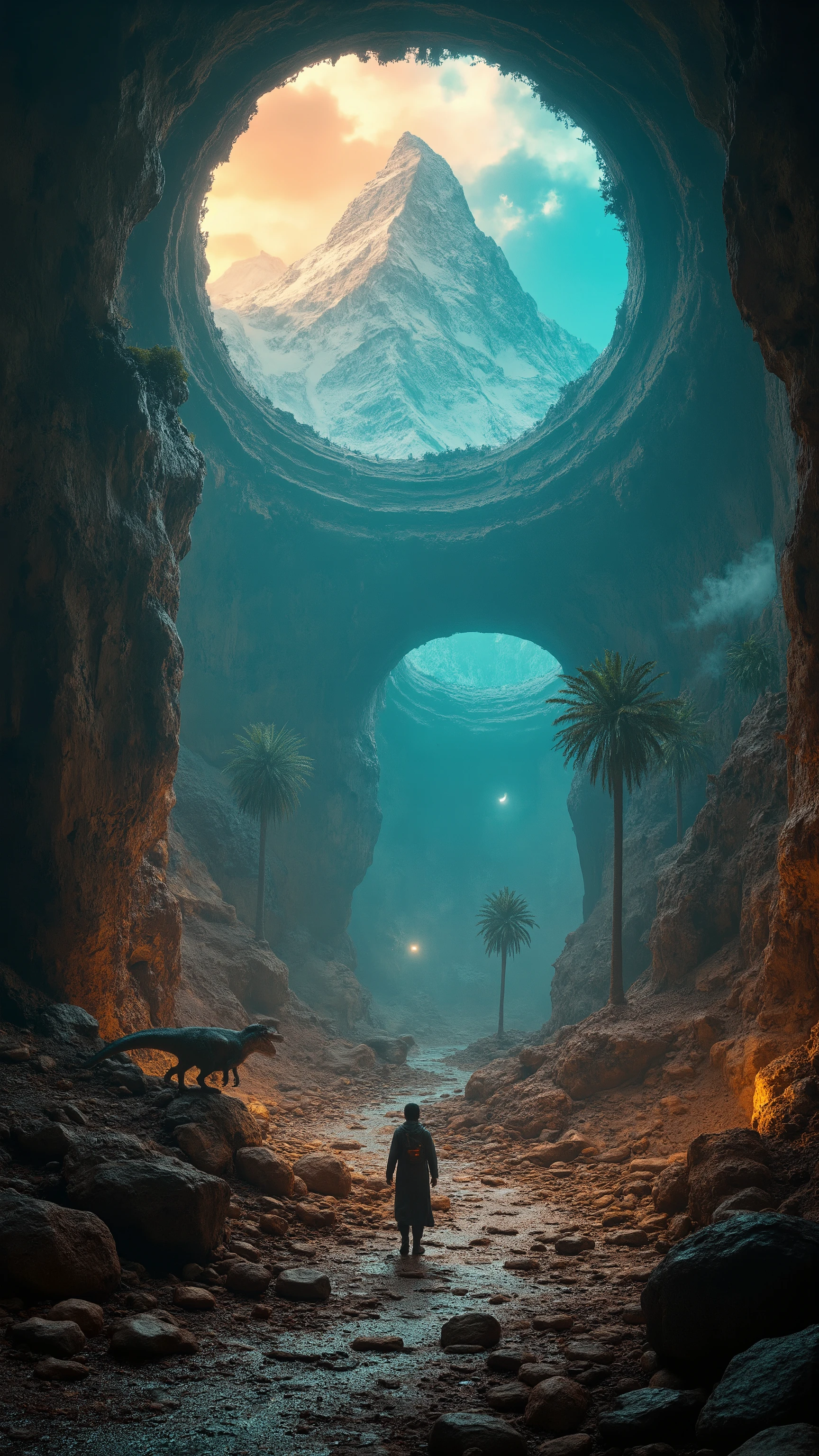 high-definition images、カイラス山の地下にある、シャンバラ in the Underworld、Explore、Ethan Hunt、Beautiful futuristic buildings in the seven-color sky、恐竜も歩き回る