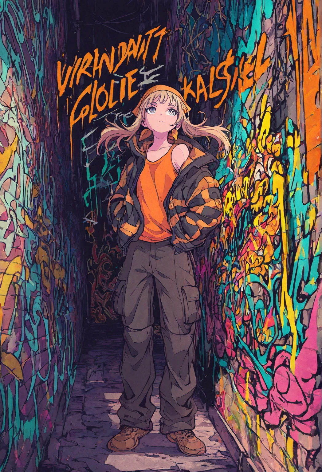 hightquality、neon color palette、high-level image quality、Kawaii Girl、Unprecedented amount of drawing、anime styled、Geometric pattern background、sticker style、short hair、dark hair、brown eyes, messy hair, menhera, bandages, loose clothing, baggy t-shirt, self harm, , dark, depressed, eye bags, heavy eyes, dark eyes