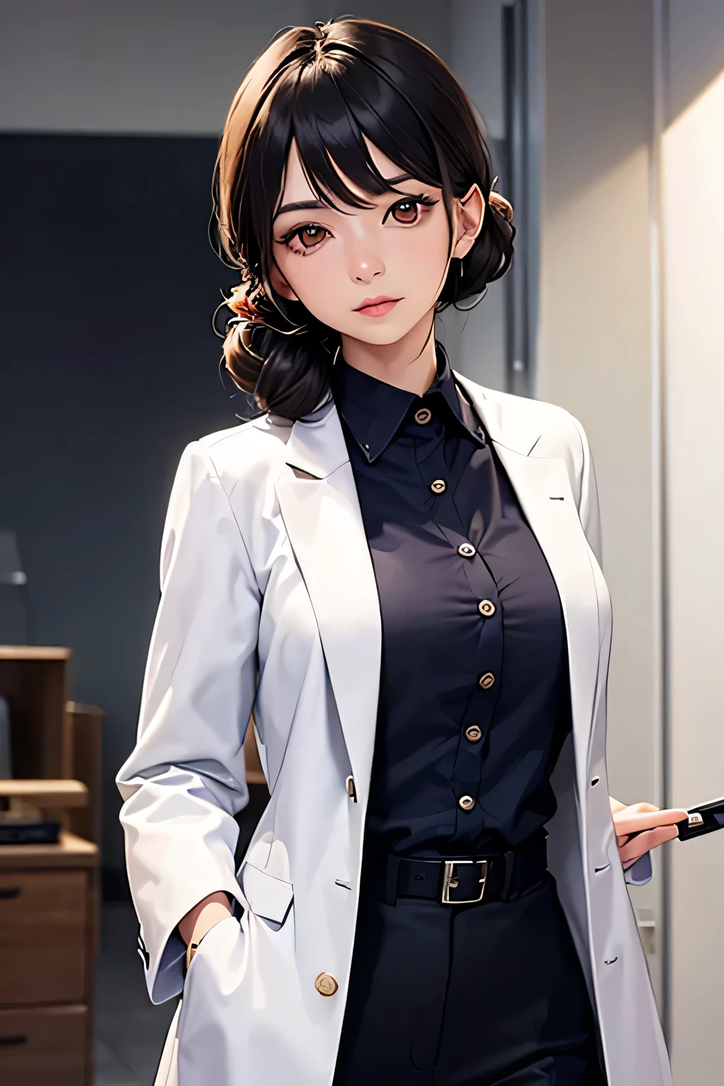 yukinoyukinoshita, yukino yukinoshita, black hair, blue eyes, long hair,short braided hair,ponytail, Ahoge,OL, happy smile, smile, open your mouth,Black Abyss Glasses, end, black suit jacket, collared jacket, white dress shirt, collared shirt, neckline, button, strap, ID card on neck, black pencil skirt, black pantyhose,stiletto heels,sit cross-legged on a chair,There is a computer on the desk.,touch typing,Make sure the whole body is included in the illustration,
break outdoors, city,building street,
break looking at viewer, (cowboy shot:1.5),
break (masterpiece:1.2), highest quality, High resolution, unity 8k wallpaper, (shape:0.8), (fine and beautiful eyes:1.6), highly detailed face, perfect lighting, Very detailed CG, (perfect hands, perfect ),