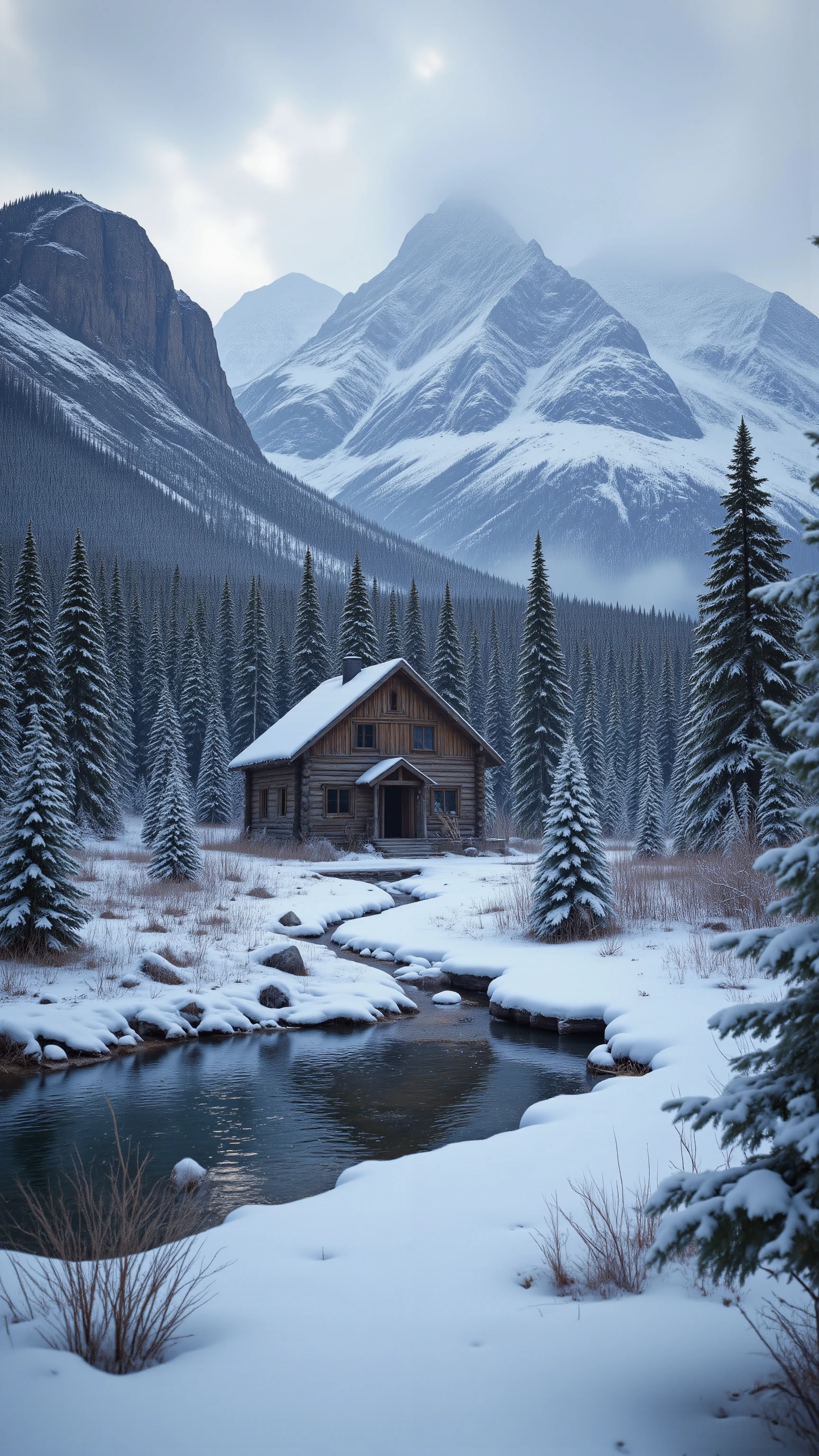 high-definition images、log house where Wyatt Earp lives in the Rocky Mountains of Alaska、The secluded house where Wyatt Earp lives