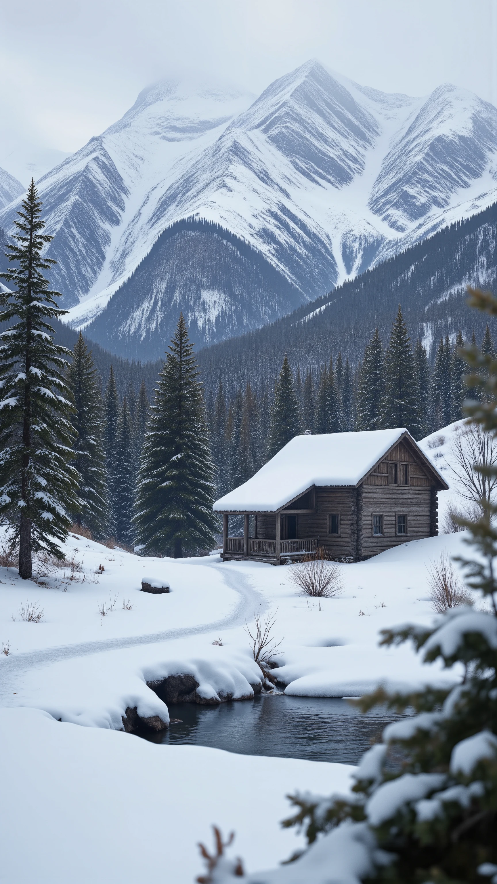 high-definition images、log house where Wyatt Earp lives in the Rocky Mountains of Alaska、The secluded house where Wyatt Earp lives