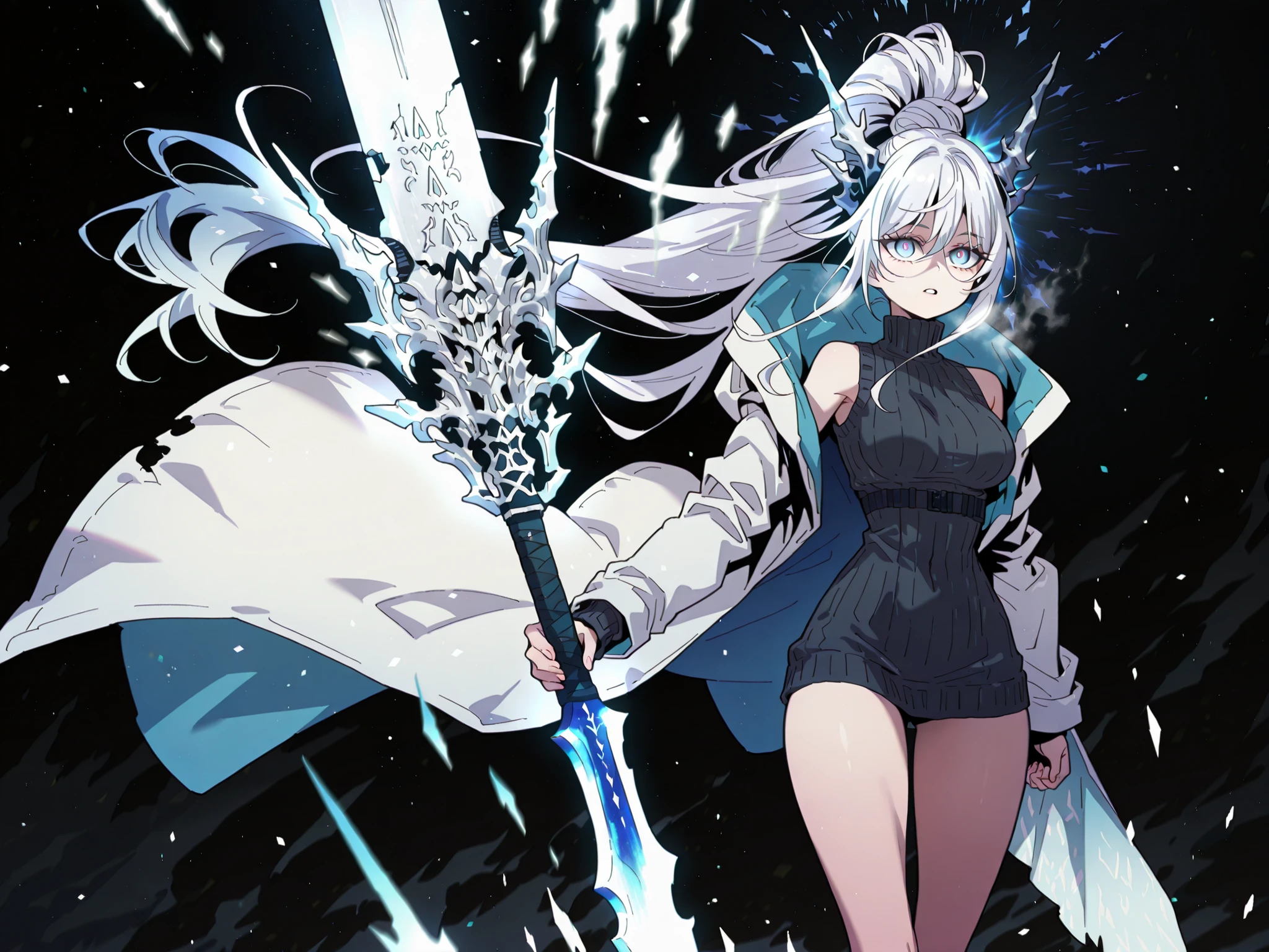 Alone, 1 girl, solitary female character, a young teenager about 1.5 meters tall. She stands alone against a deep black background, making her stand out vividly. Her physique and height are exactly like Terakomari Gandesblood from The Vexations of a Shut-In Vampire Princess.
She has long white hair tied in a ponytail, just like Sylpha Langlis from Tensei Shitara Dai Nana Ōji. The tips of her hair have an ethereal, white flame-like appearance.
Clothing and Accessories:
Her eyes are completely hidden behind a silver mask with the same design as the Frost Queen’s mask from Return of the Frozen Player. A silver mask identical to the Frost Queen’s mask from Return of the Frozen Player. A silver mask identical to the Frost Queen’s mask from Return of the Frozen Player. The mask covers the eyes. The mask covers the eyes. The mask covers the eyes. The mask covers the eyes.
She wears a black turtleneck sweater that extends halfway down her thighs. Her thighs and legs are exposed. The most important feature is her white coat with blue accents—identical in every detail to Amiya’s coat from Arknights: the same fabric, cut, blue highlights, length, hood design, zippers, and proportions (but entirely white). The coat fits properly, sliding off her arms and leaving her shoulders exposed.
Pose and Expression:
Black background, sexy pose, wide hips, medium breasts, slim waist, short body. She is a young girl conjuring a large white flame in one hand while holding an immense white greatsword with golden details in the other. The massive greatsword appears to be made of stone, with several cracks running along its broad, heavy blade, from which condensed energy radiates. Energy flows visibly from the cracks of the massive sword.
Atmosphere and Style:
Youthful energy. Ultra-detailed, sharp, clean anime style. Deep black background with cinematic lighting emphasizing her short stature and powerful aura. Perfect image, perfect face, perfect eyes, perfect anatomy.
