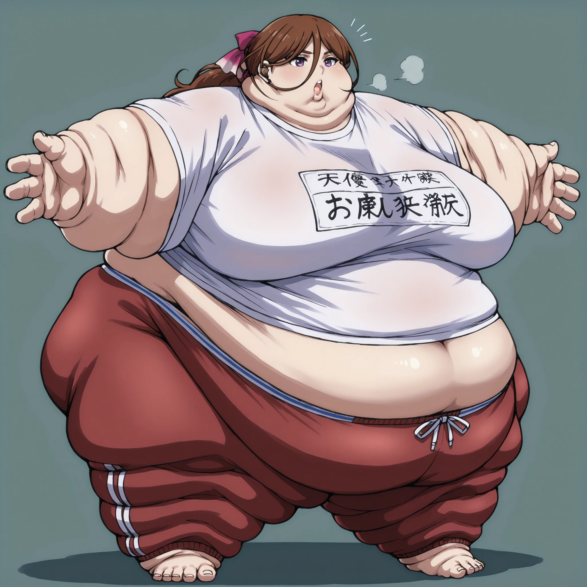 kenshinsatsuki, purple eyes, brown hair, hair between eyes, hair ribbon, long hair, ponytail, training shirt, training pants with Elastic Waistband, fat, chubby, obese, fat neck, multiple chins, big breasts open mouth, out of breath, Larger female, full body shot, only head, large head, oversized limbs, large hands, large feet, oversized feet, oversized fingers, big lips, plump lips, fat face, fupa, big fupa, fat fupa,